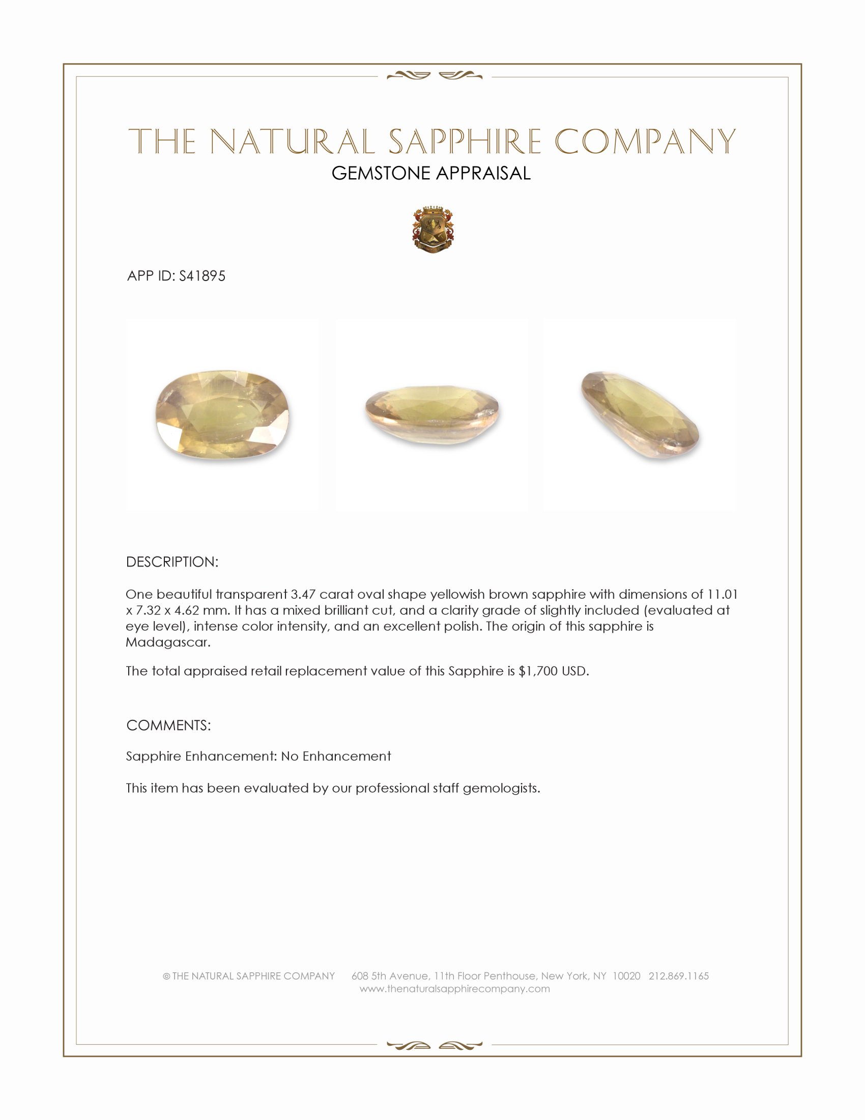 3.47 Ct. Yellowish Brown Sapphire from Madagascar