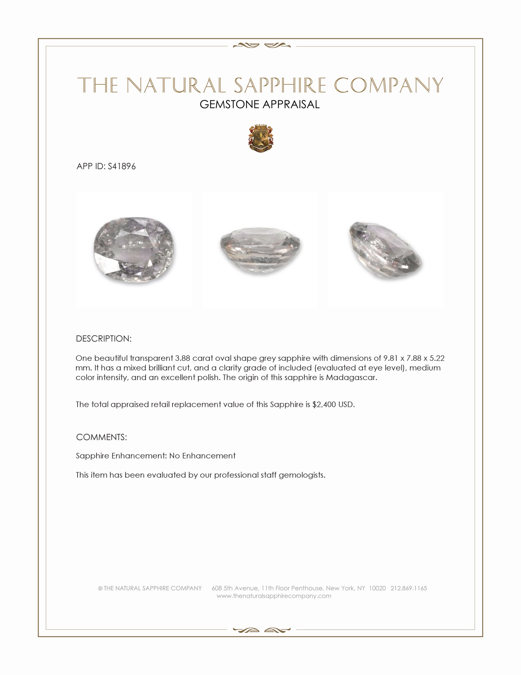 3.88 Ct. Grey Sapphire from Madagascar