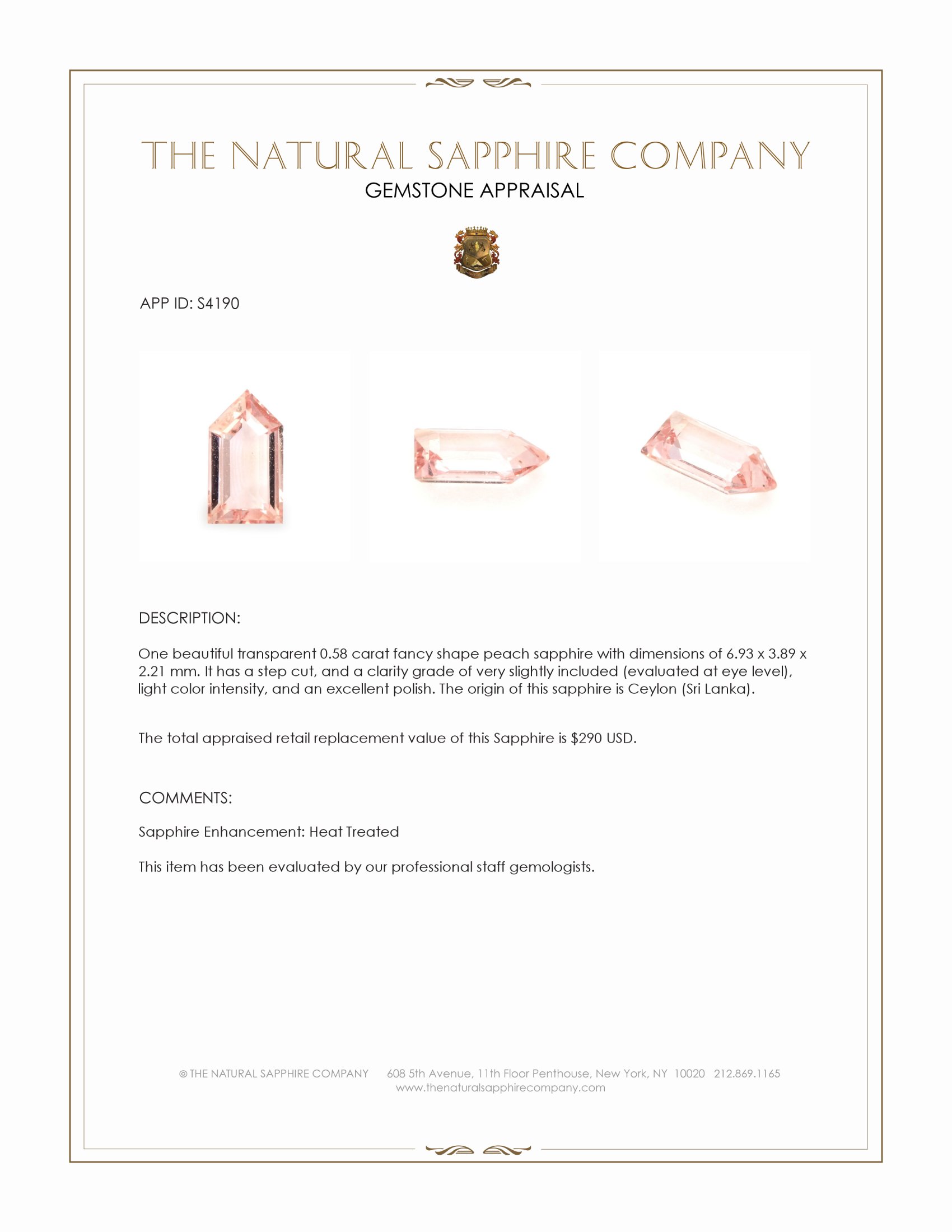 0.58 Ct. Peach Sapphire from Ceylon (Sri Lanka)