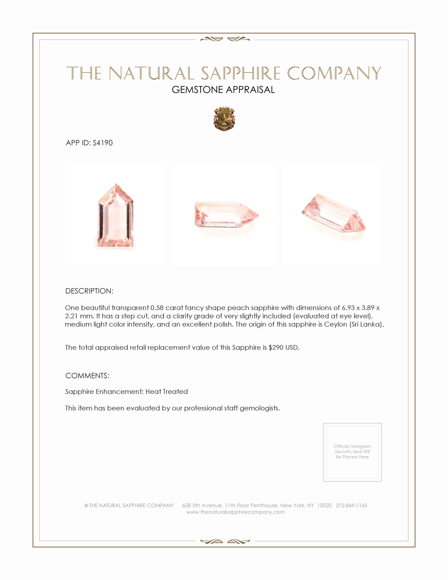0.58 Ct. Peach Sapphire from Ceylon (Sri Lanka)