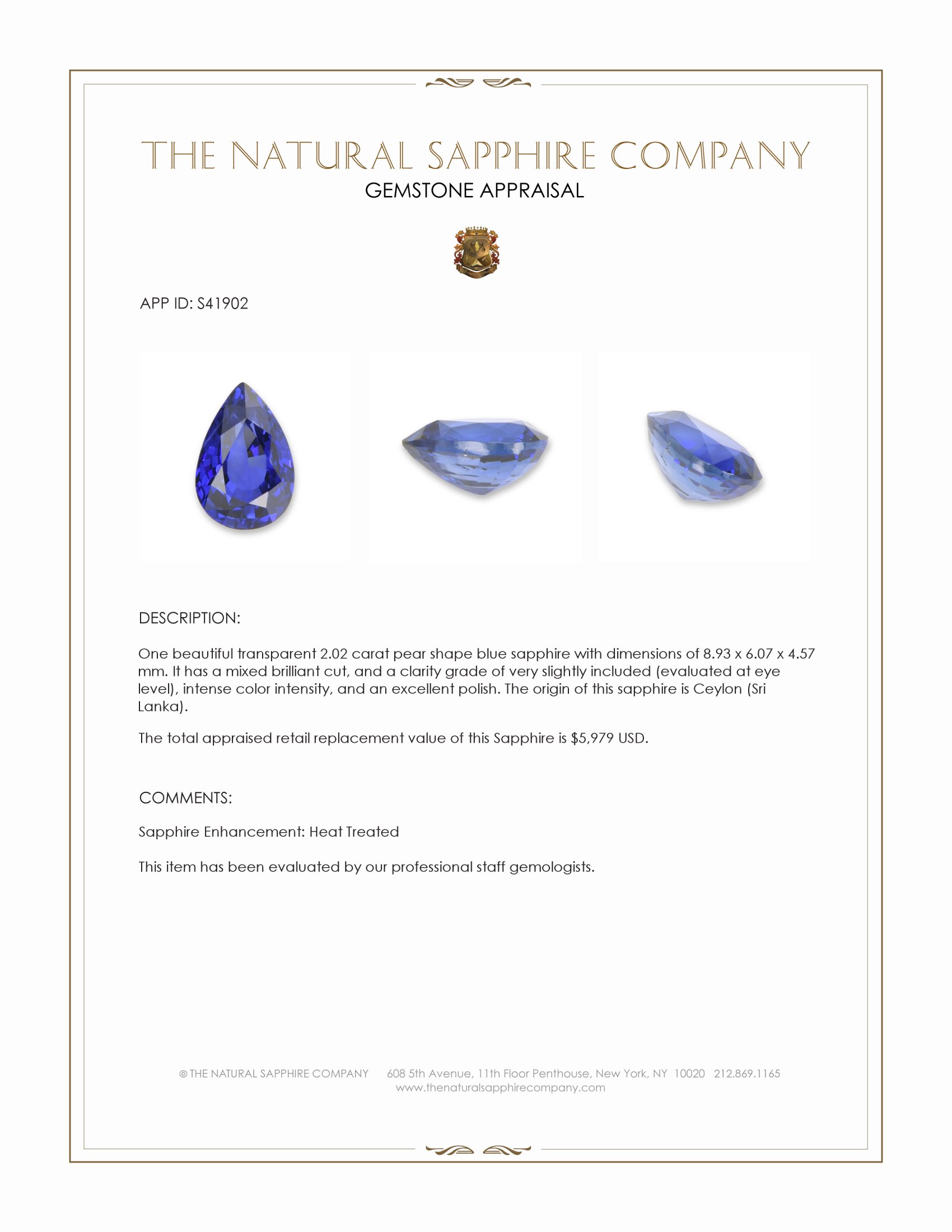 2.02 Ct. Blue Sapphire from Ceylon (Sri Lanka)