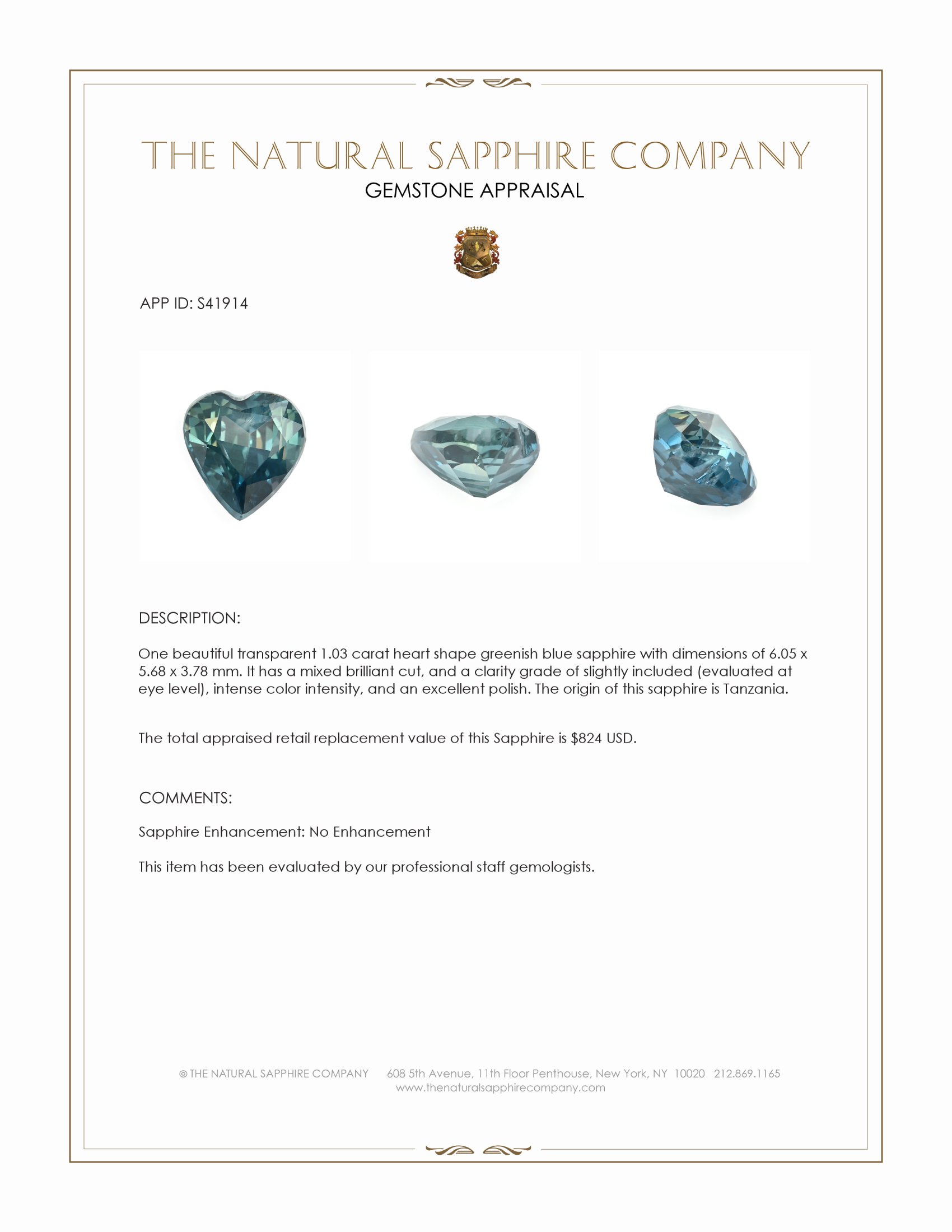 1.03 Ct. Greenish Blue Sapphire from Tanzania