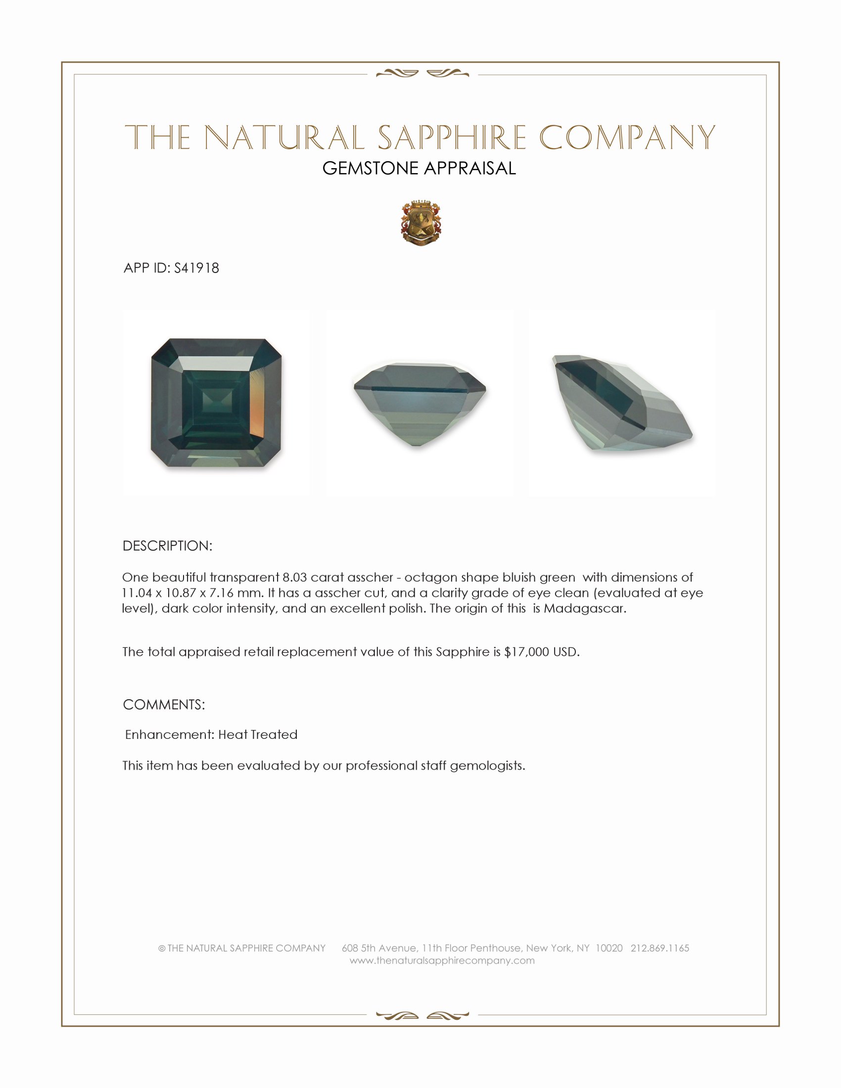 8.03 Ct. Bluish Green Sapphire from Madagascar
