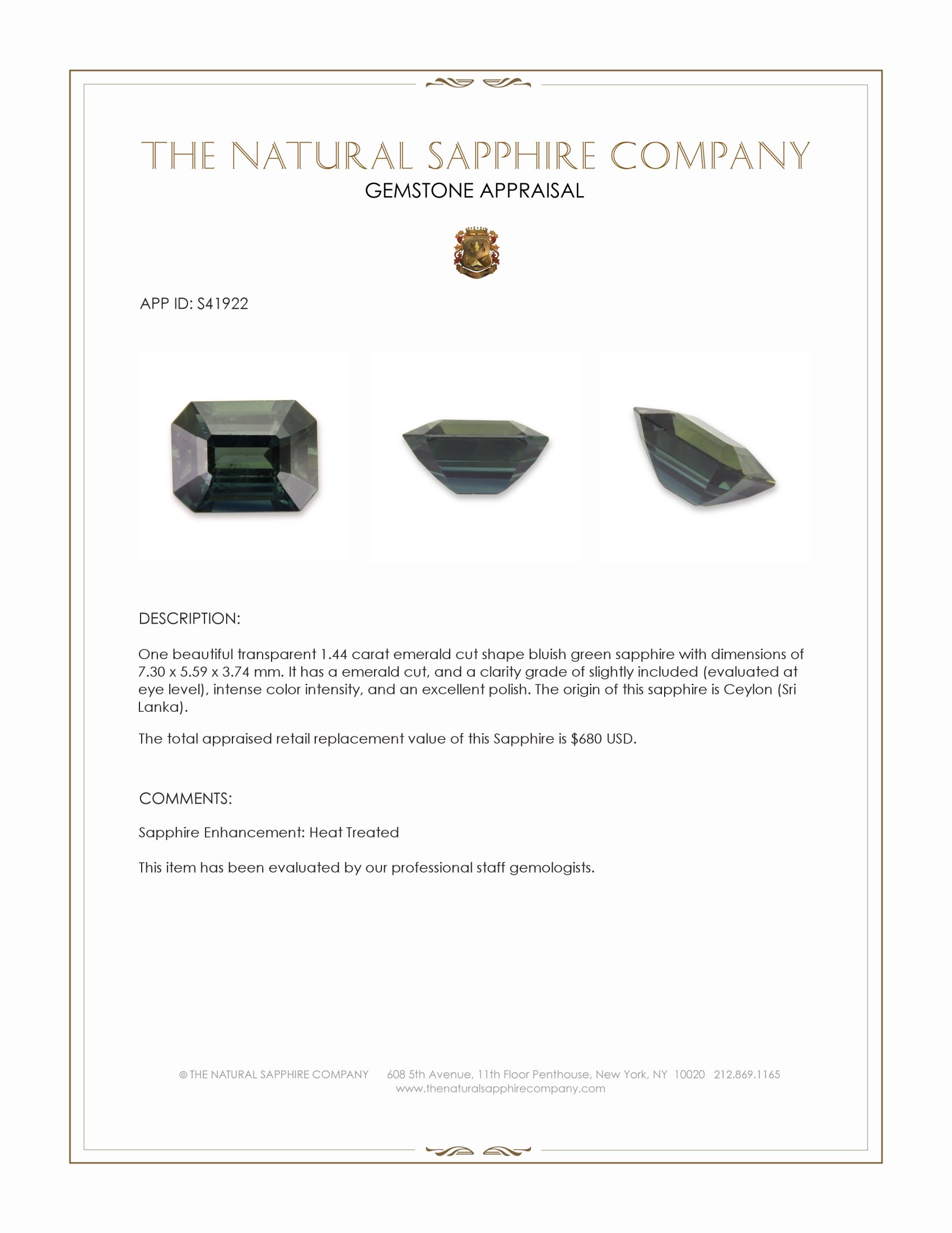 1.44 Ct. Bluish Green Sapphire from Ceylon (Sri Lanka)