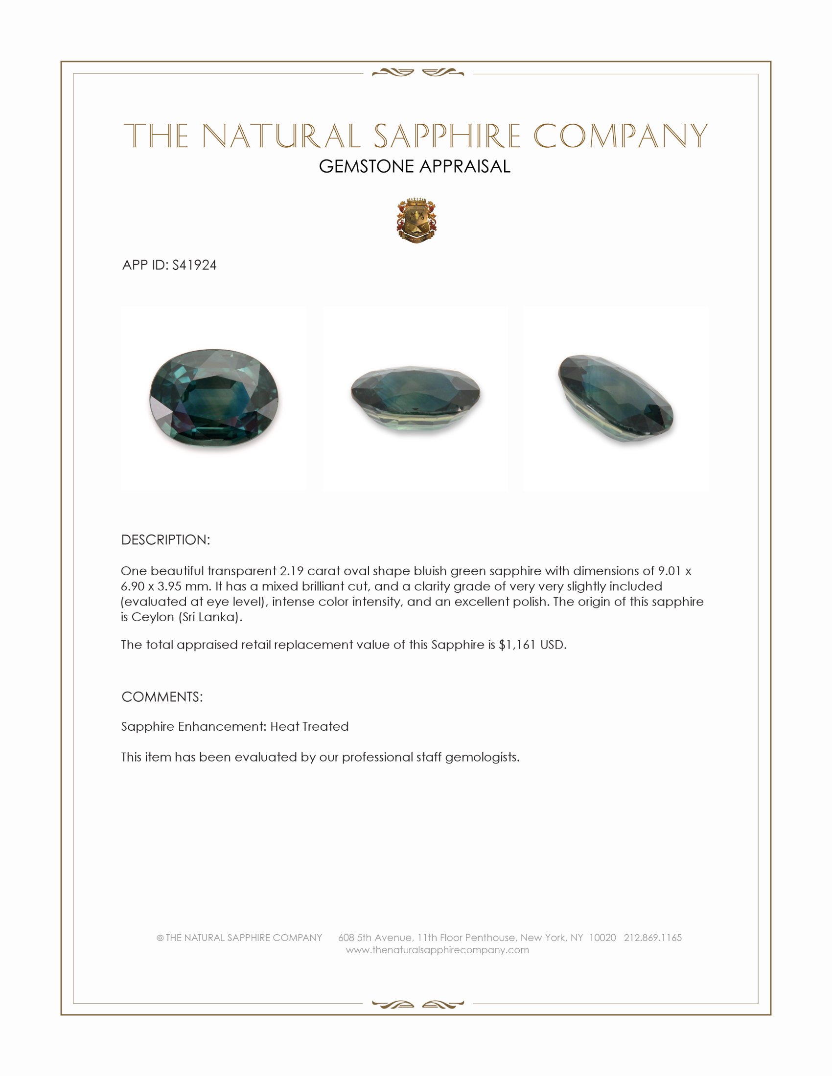 2.19 Ct. Bluish Green Sapphire from Ceylon (Sri Lanka)