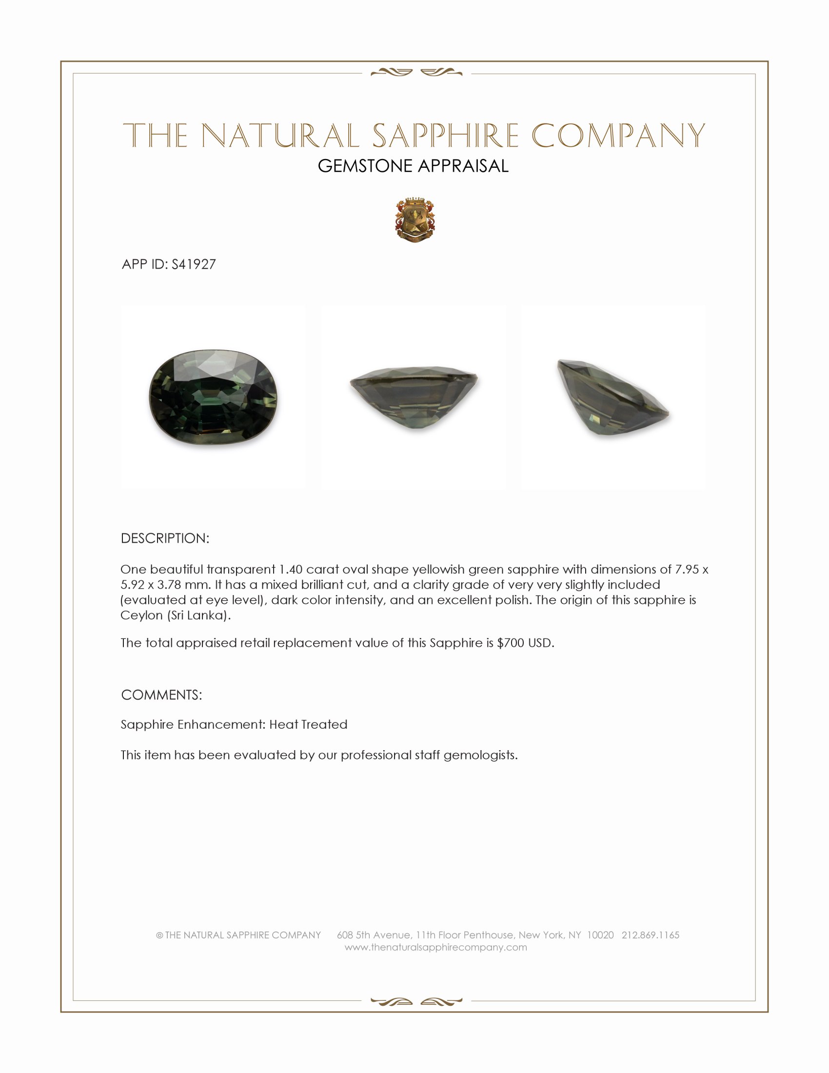 1.40 Ct. Yellowish Green Sapphire from Ceylon (Sri Lanka)