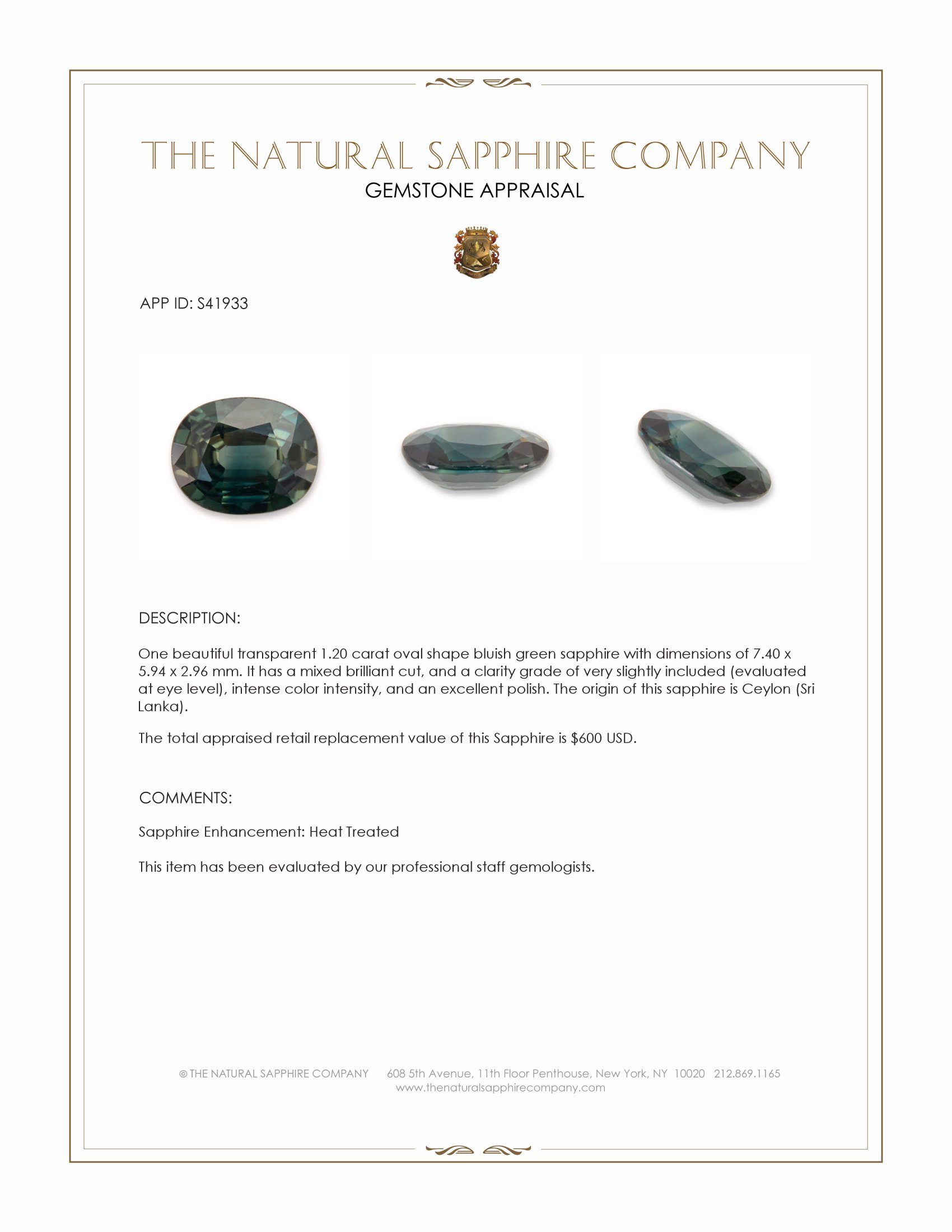 1.20 Ct. Bluish Green Sapphire from Ceylon (Sri Lanka)