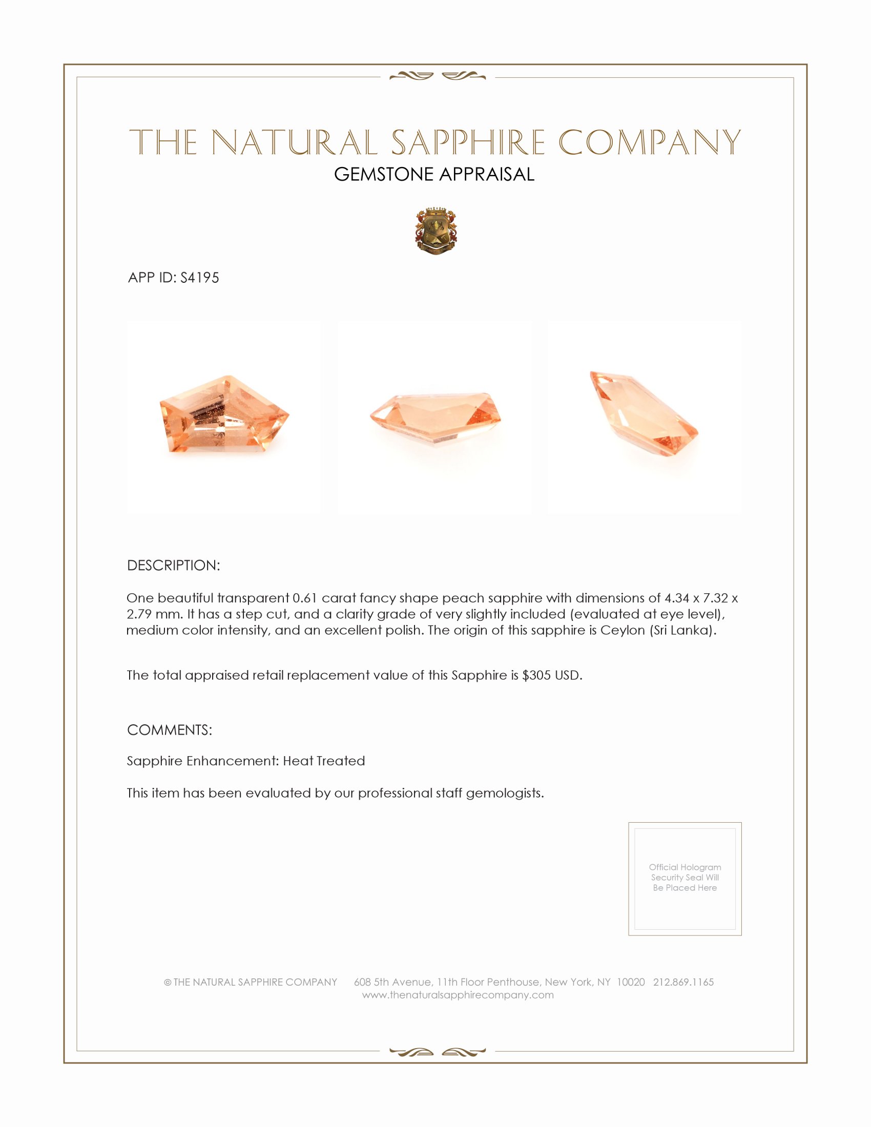 0.61 Ct. Peach Sapphire from Ceylon (Sri Lanka)