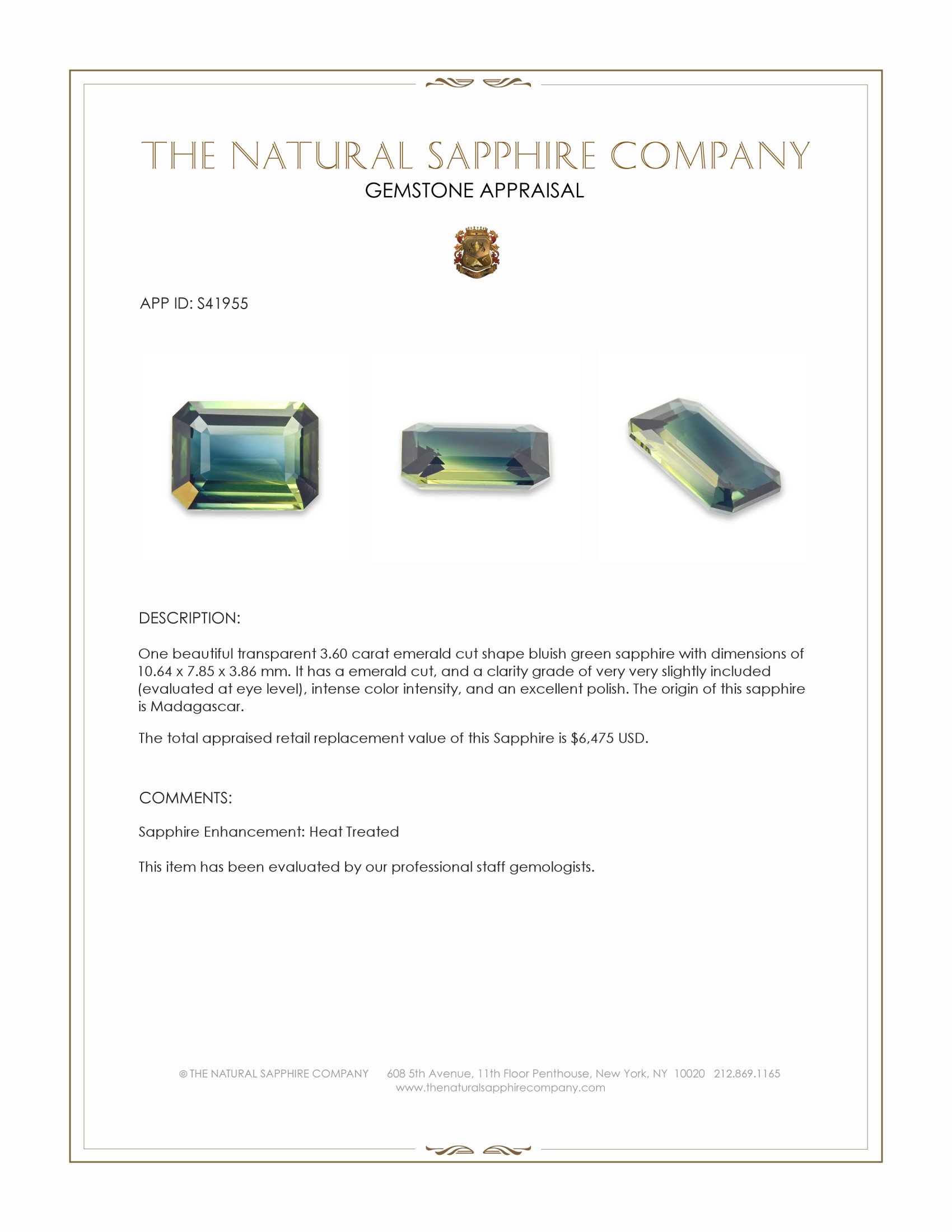 3.60 Ct. Bluish Green Sapphire from Madagascar