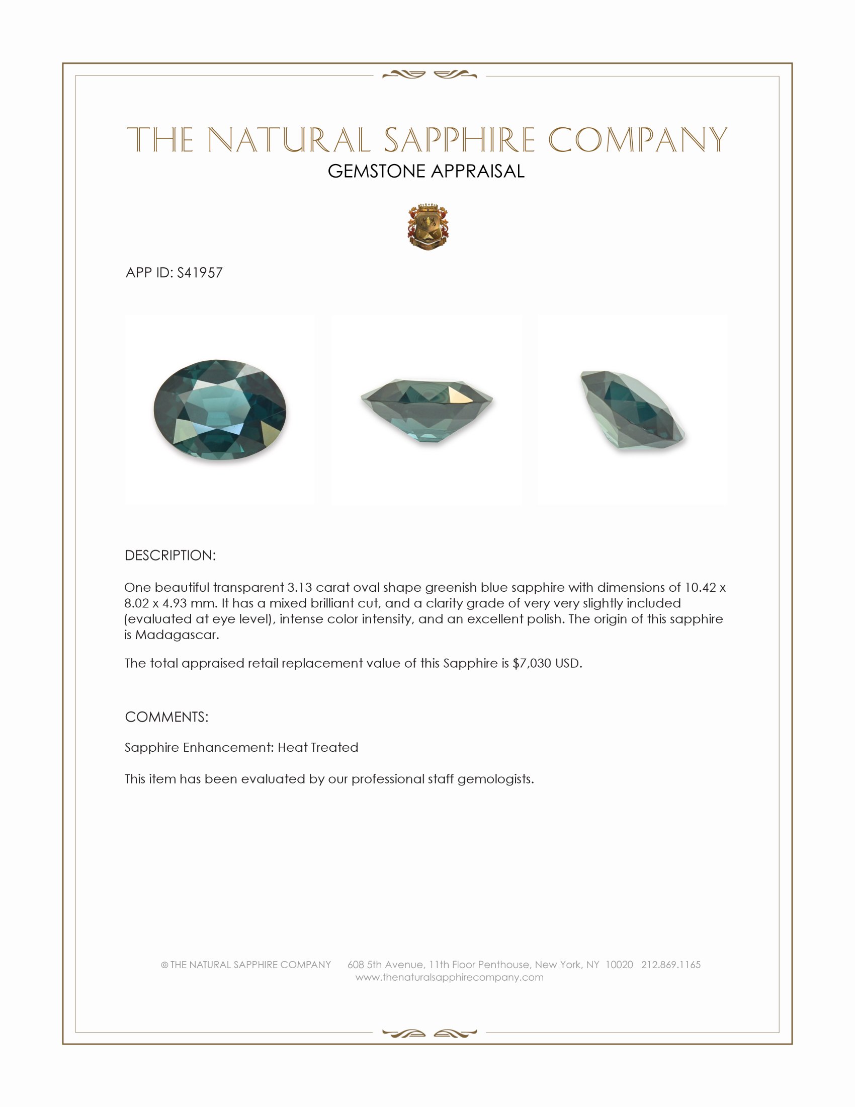 3.13 Ct. Greenish Blue Sapphire from Madagascar
