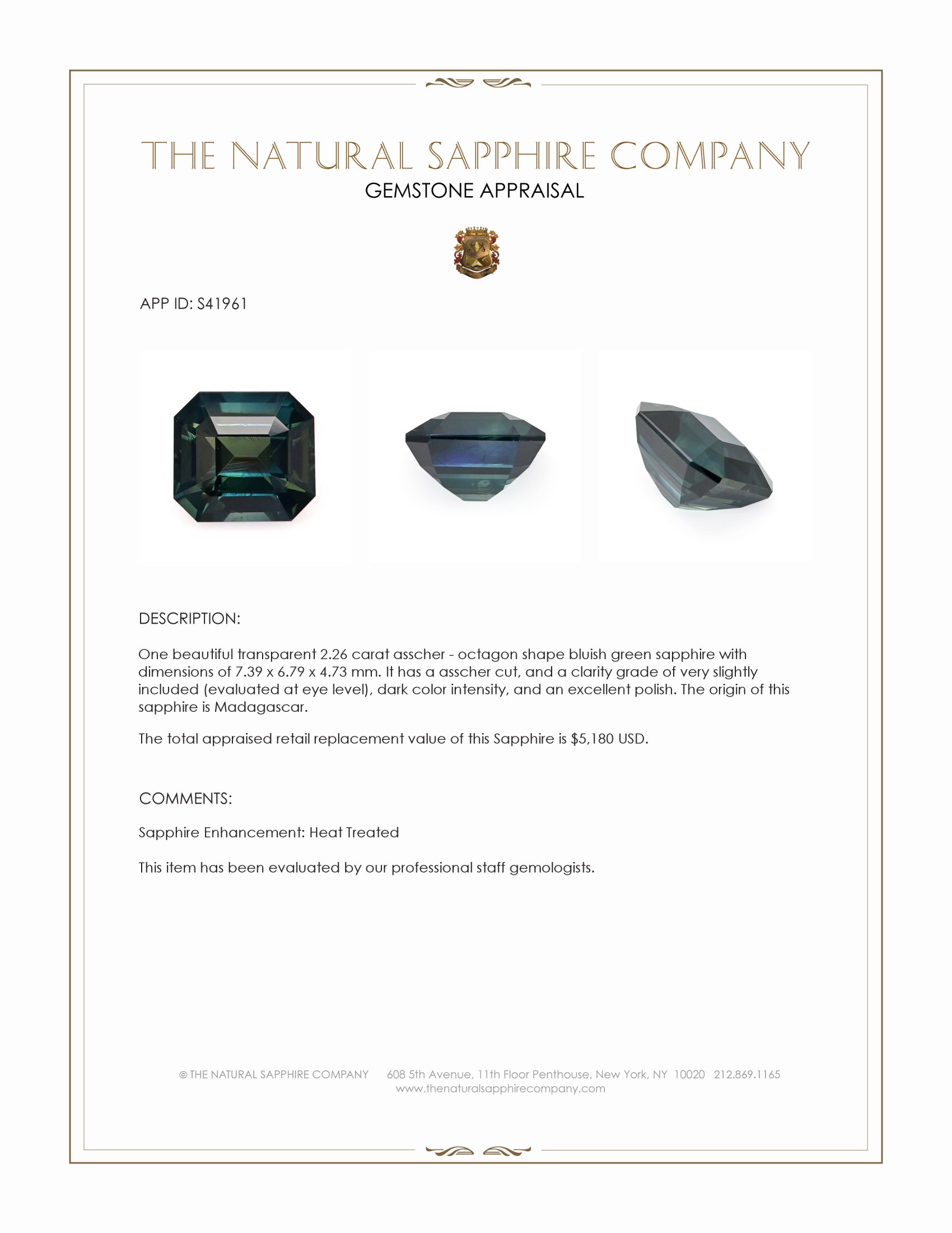 2.26 Ct. Bluish Green Sapphire from Madagascar