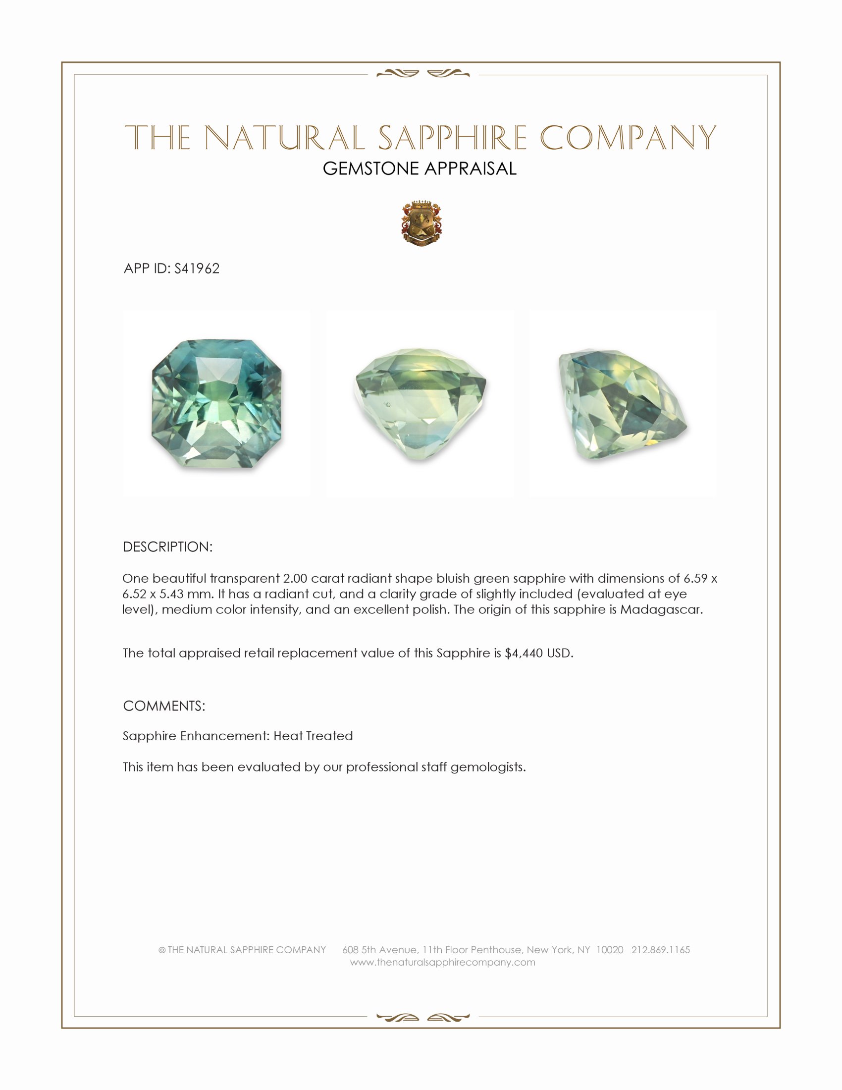 2.00 Ct. Bluish Green Sapphire from Madagascar