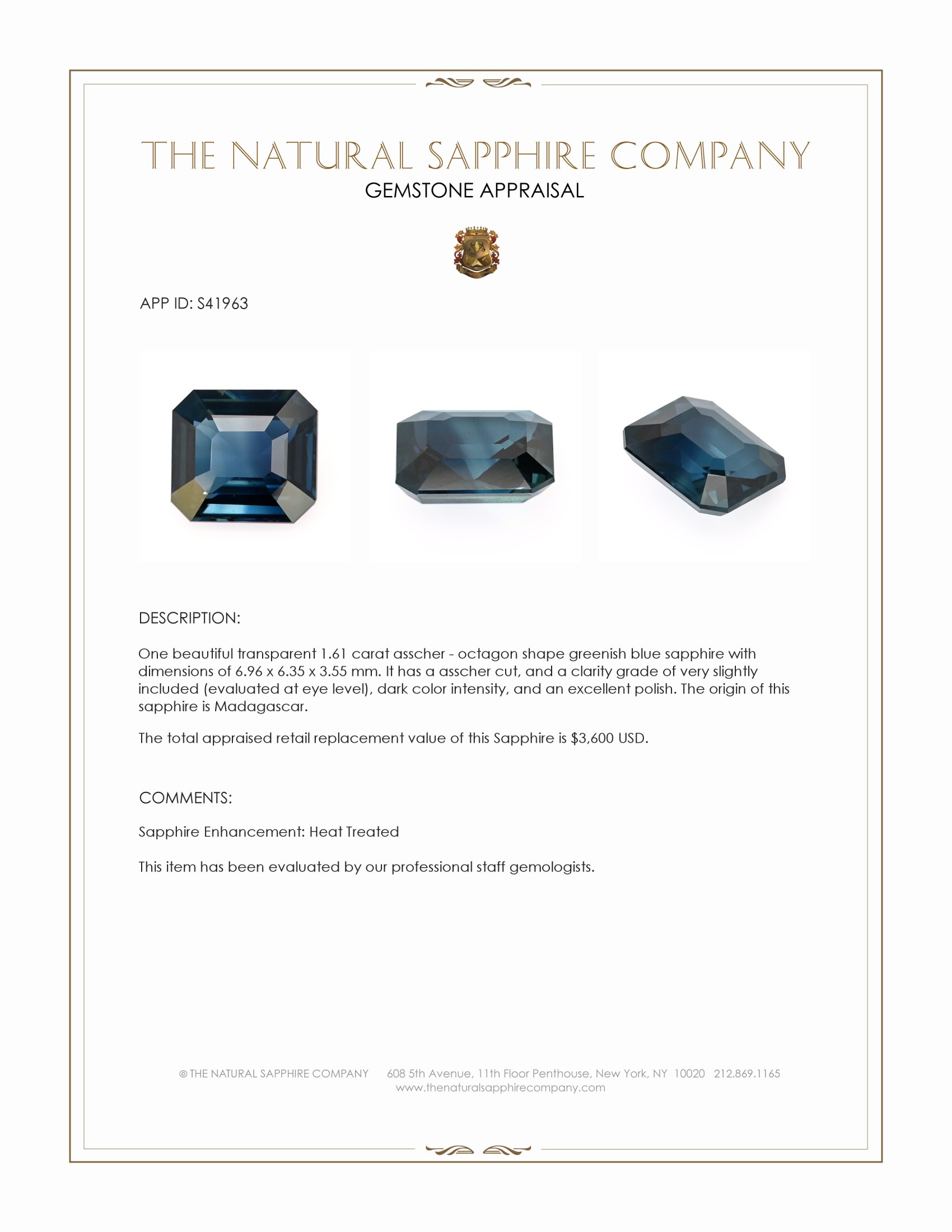 1.61 Ct. Greenish Blue Sapphire from Madagascar