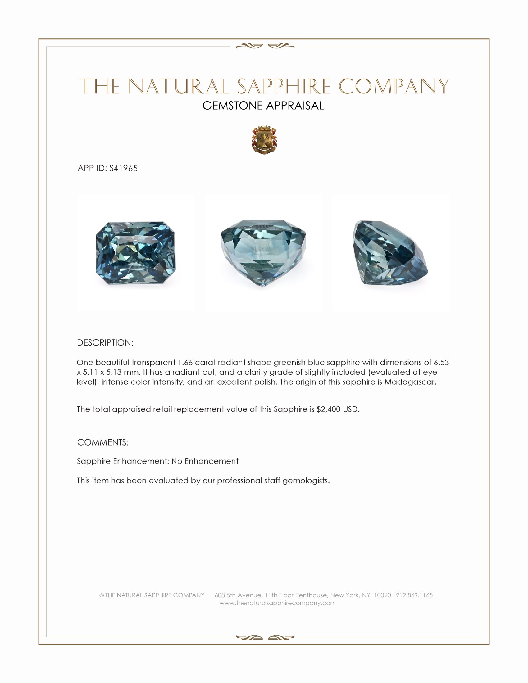 1.66 Ct. Greenish Blue Sapphire from Madagascar