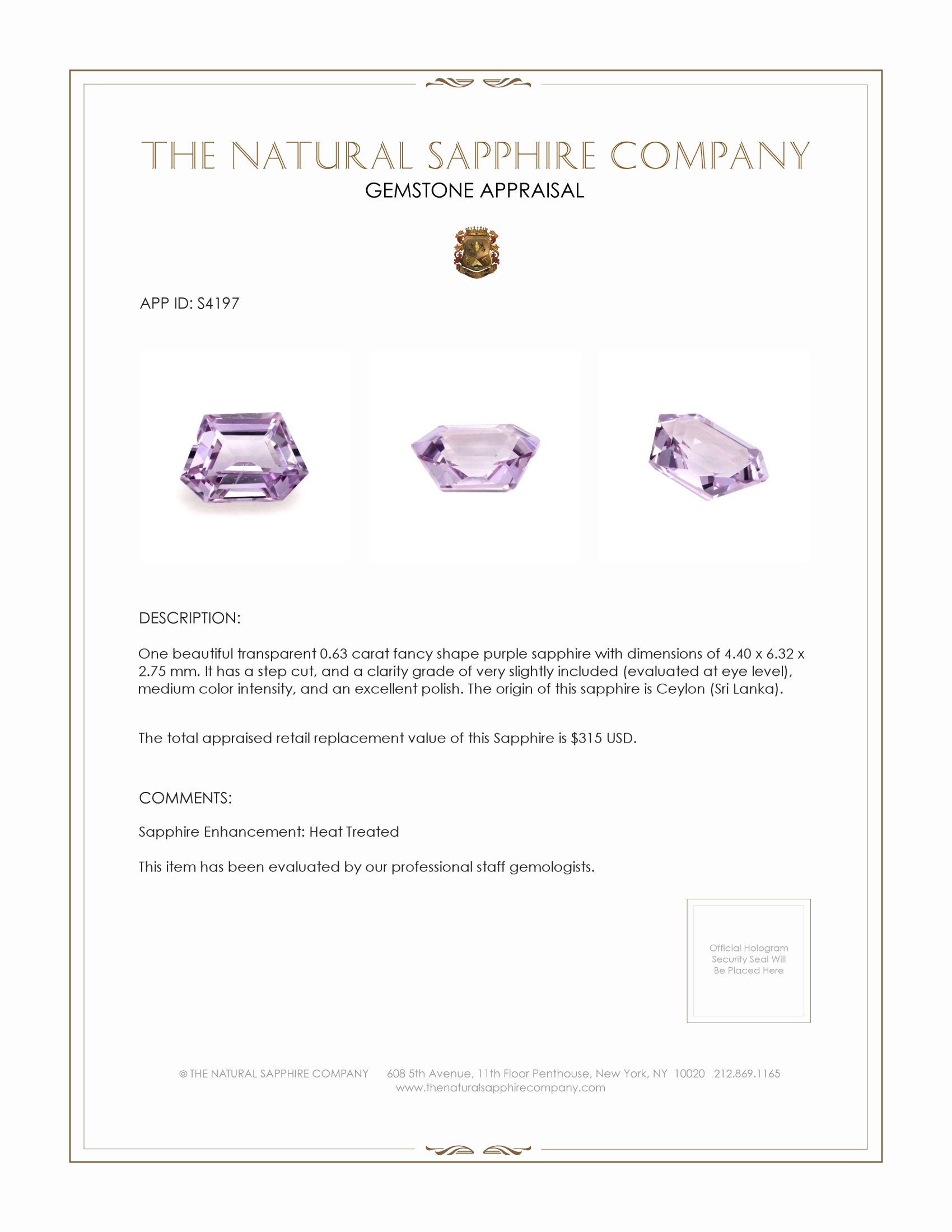 0.63 Ct. Purple Sapphire from Ceylon (Sri Lanka)