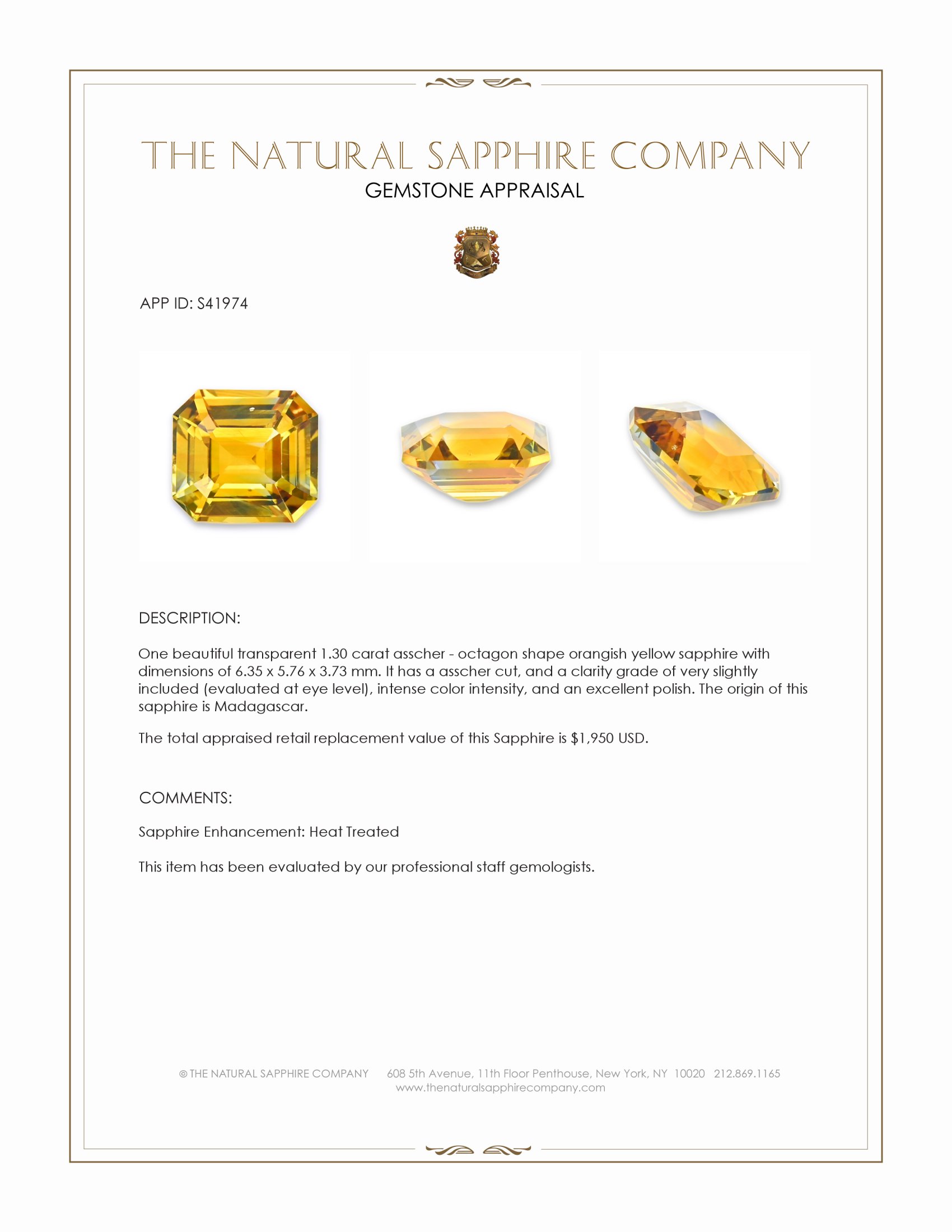 1.30 Ct. Orangish Yellow Sapphire from Madagascar