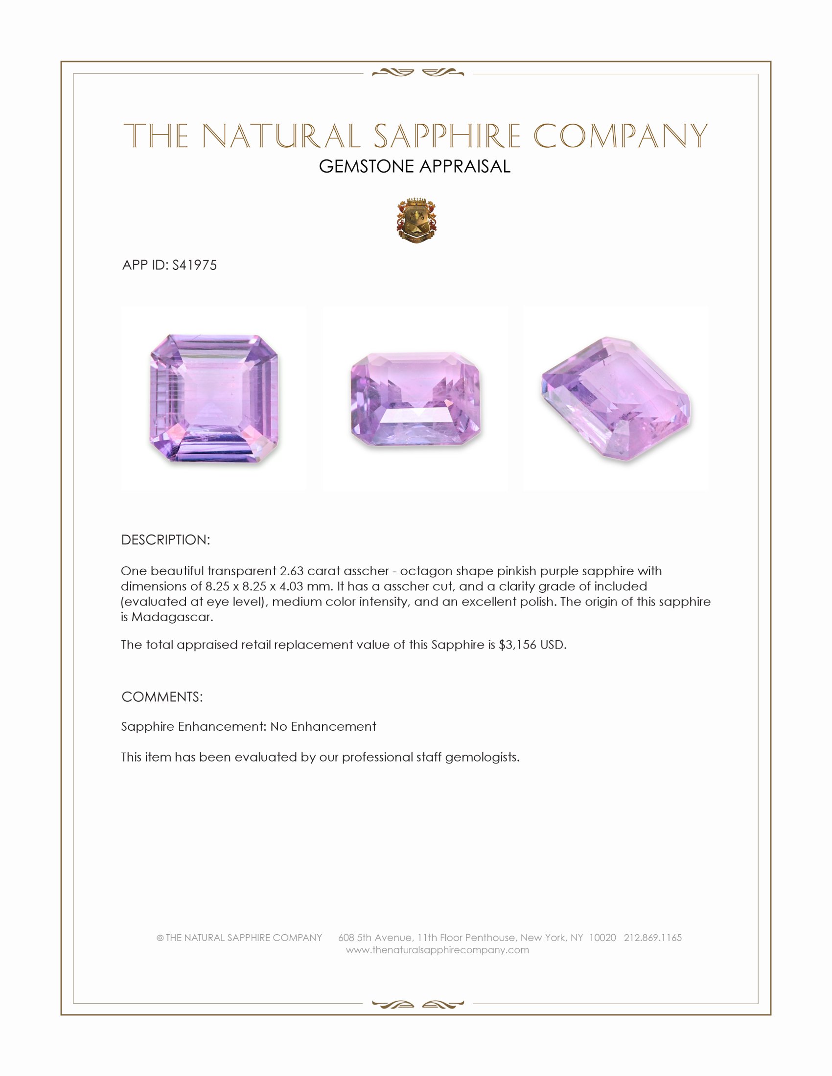 2.63 Ct. Pinkish Purple Sapphire from Madagascar