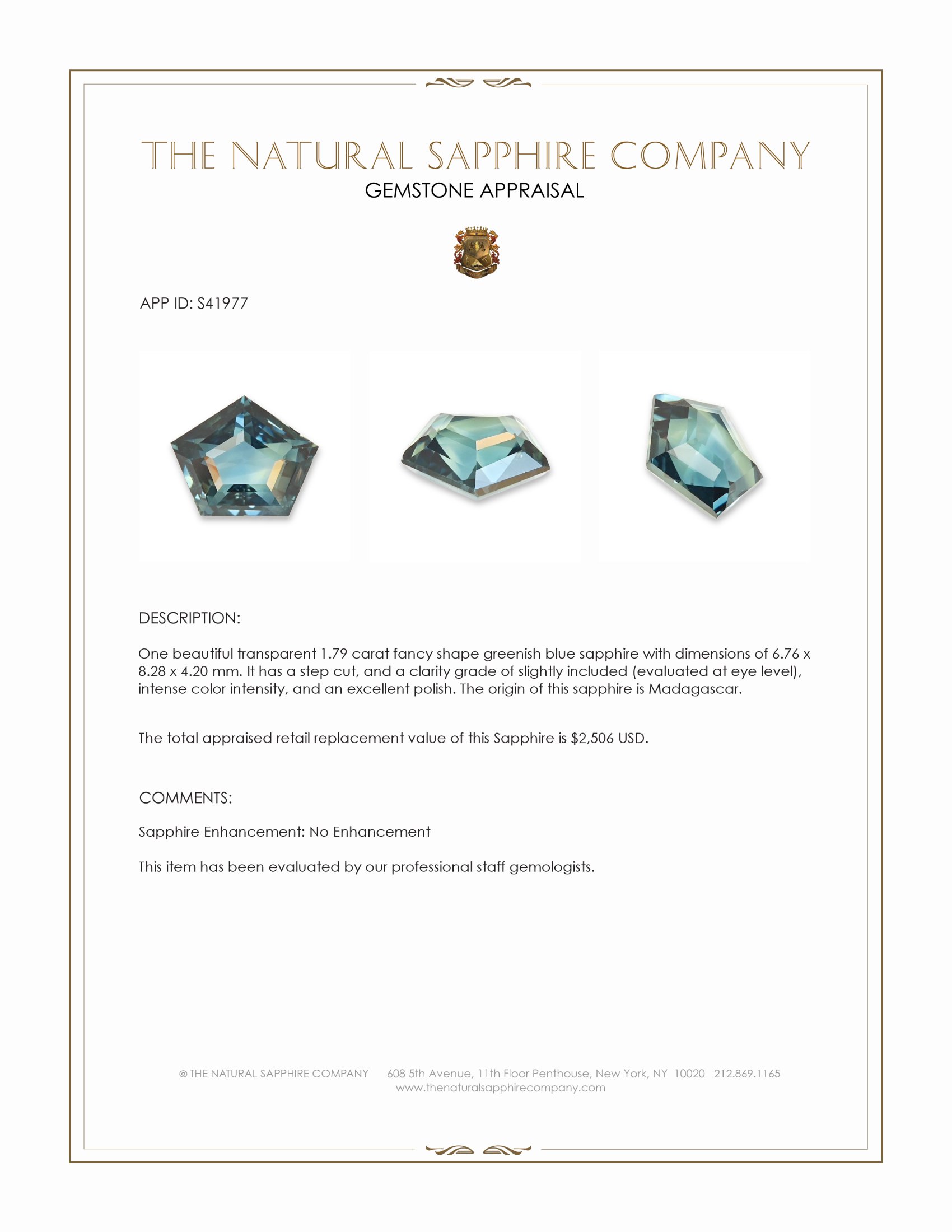 1.79 Ct. Greenish Blue Sapphire from Madagascar