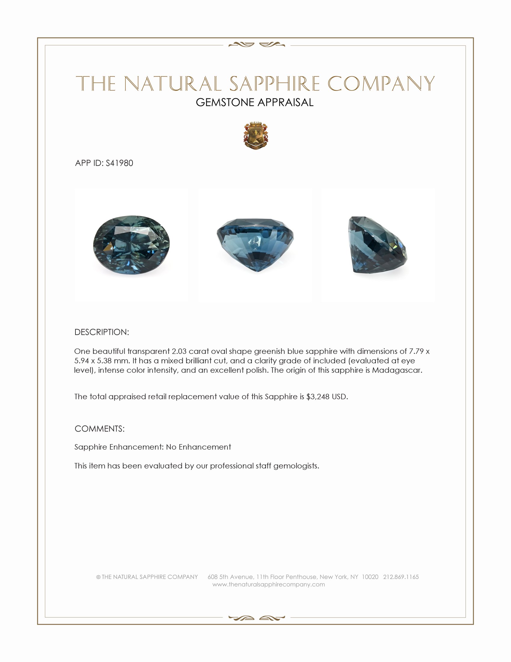 2.03 Ct. Greenish Blue Sapphire from Madagascar