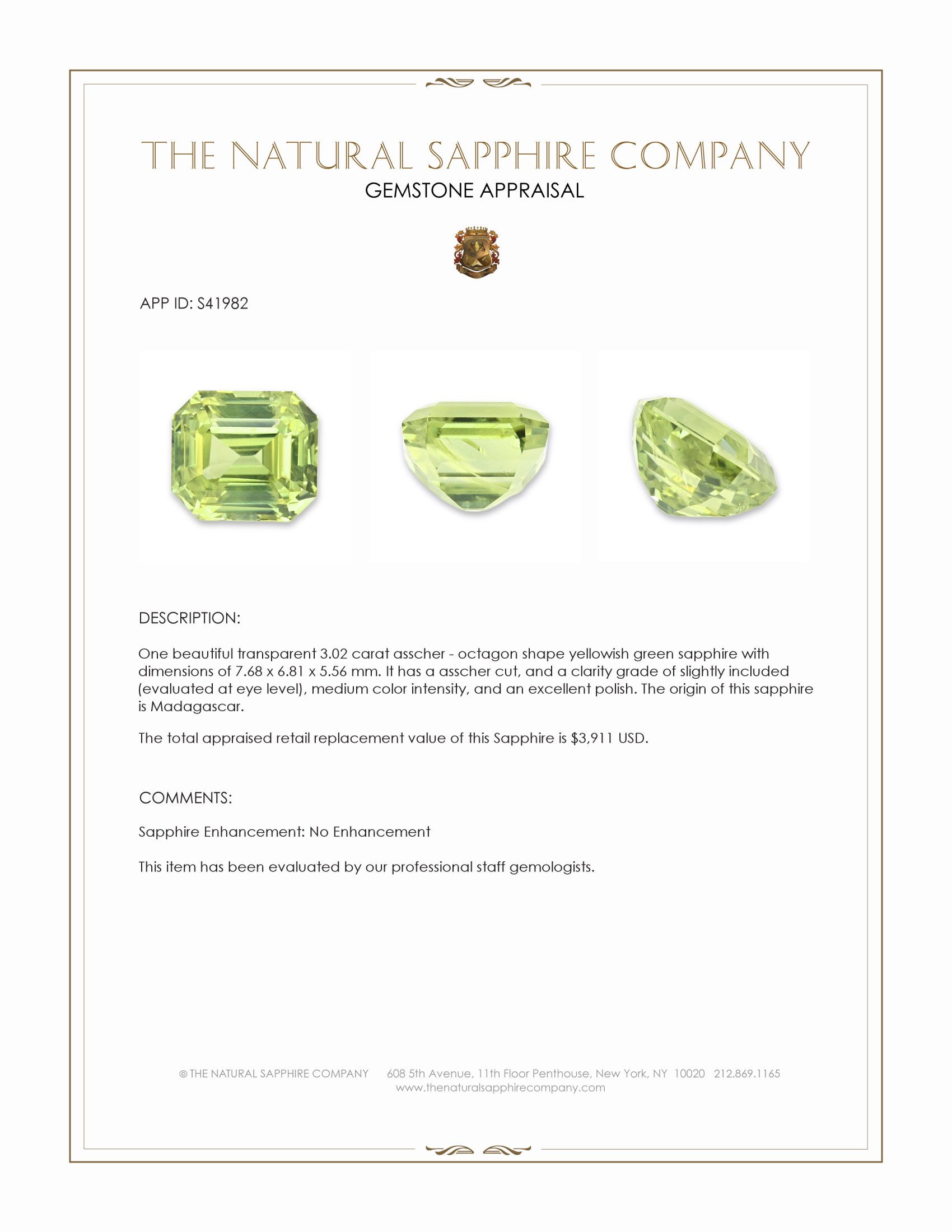 3.02 Ct. Yellowish Green Sapphire from Madagascar