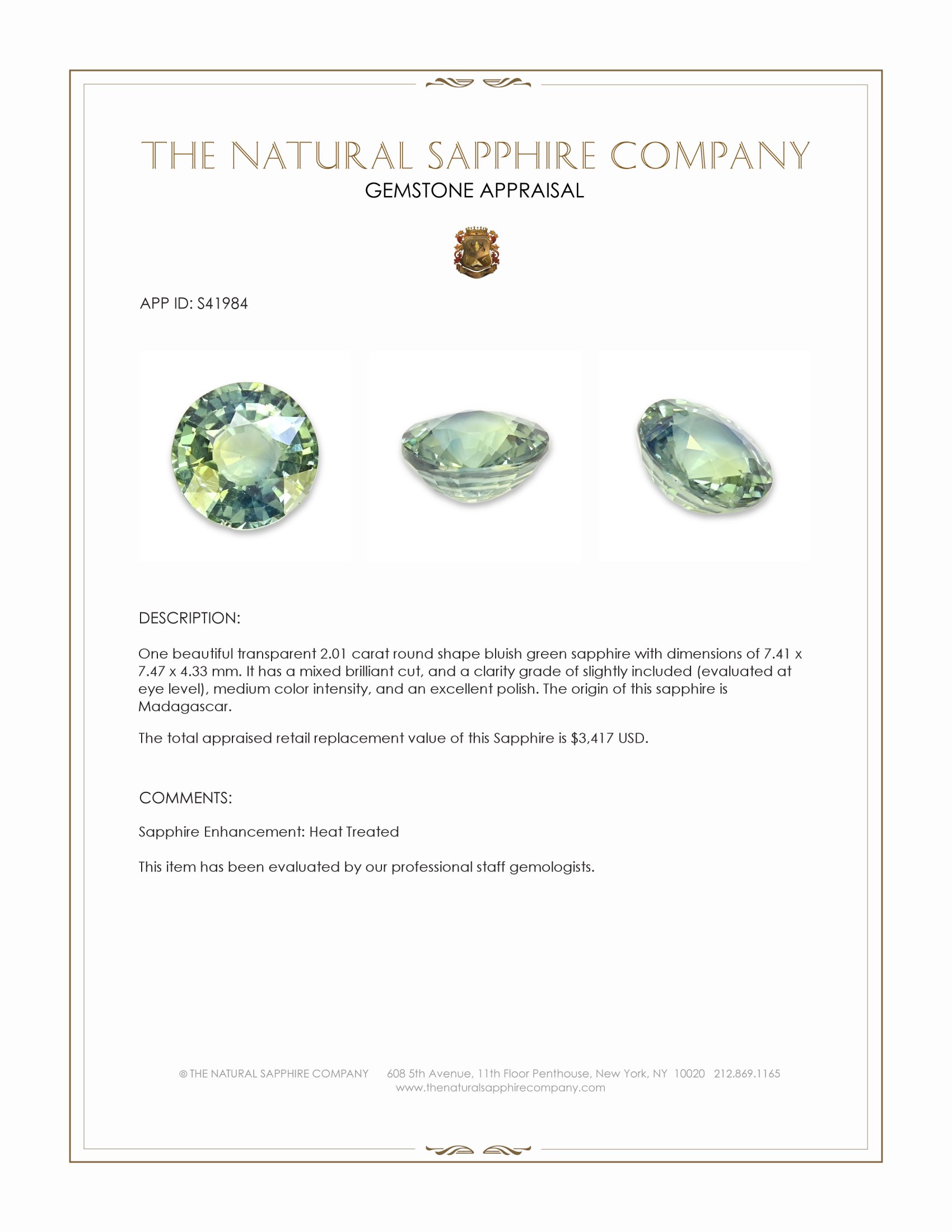 2.01 Ct. Bluish Green Sapphire from Madagascar