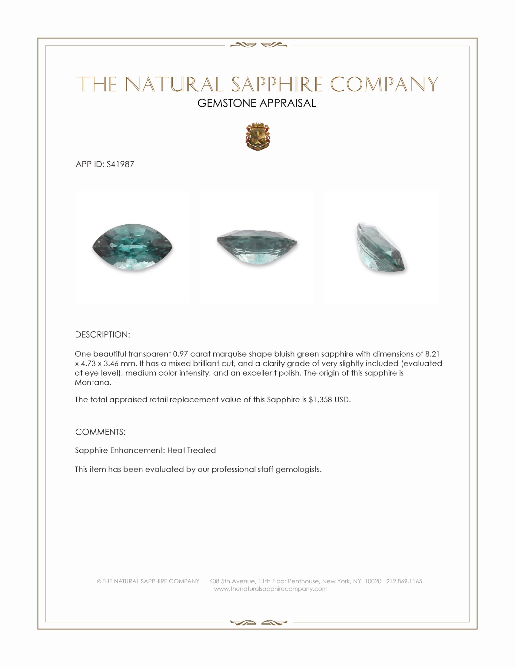 0.97 Ct. Bluish Green Sapphire from Montana