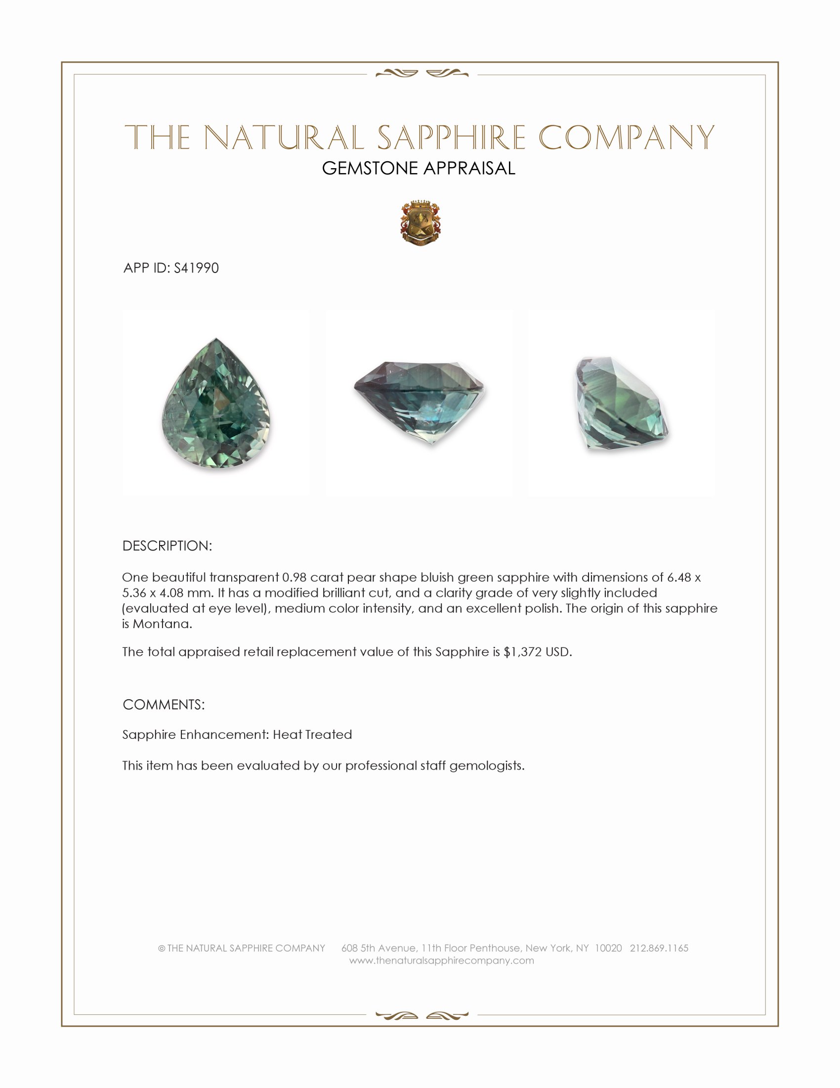 0.98 Ct. Bluish Green Sapphire from Montana