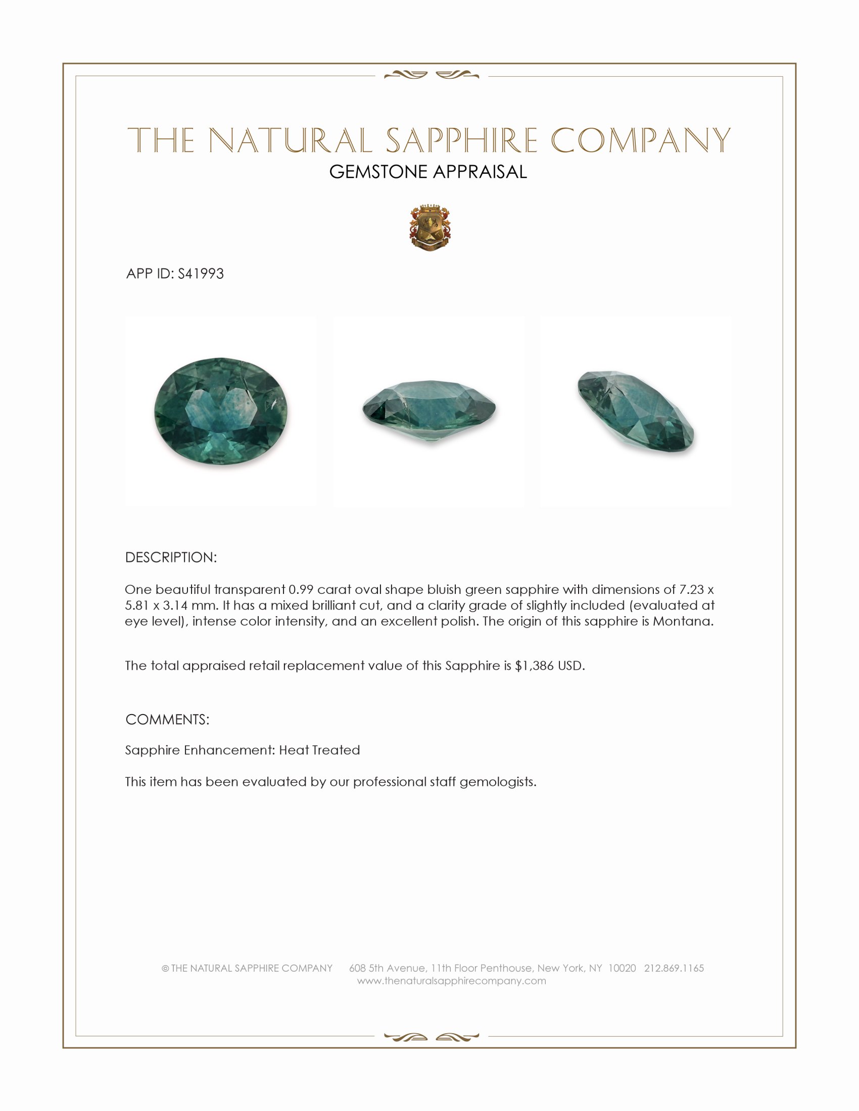 0.99 Ct. Bluish Green Sapphire from Montana