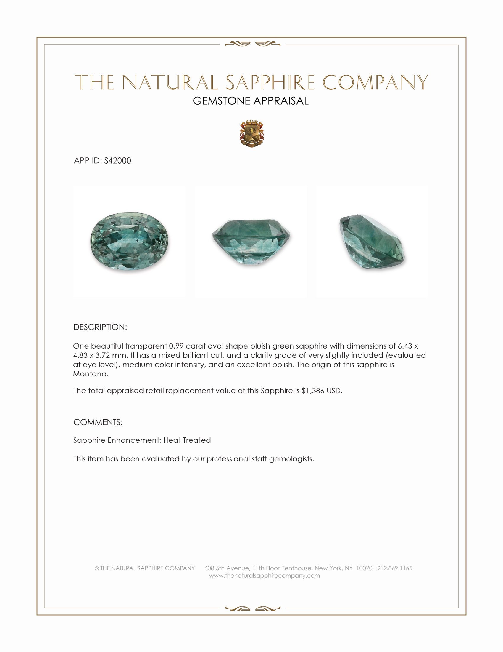 0.99 Ct. Bluish Green Sapphire from Montana