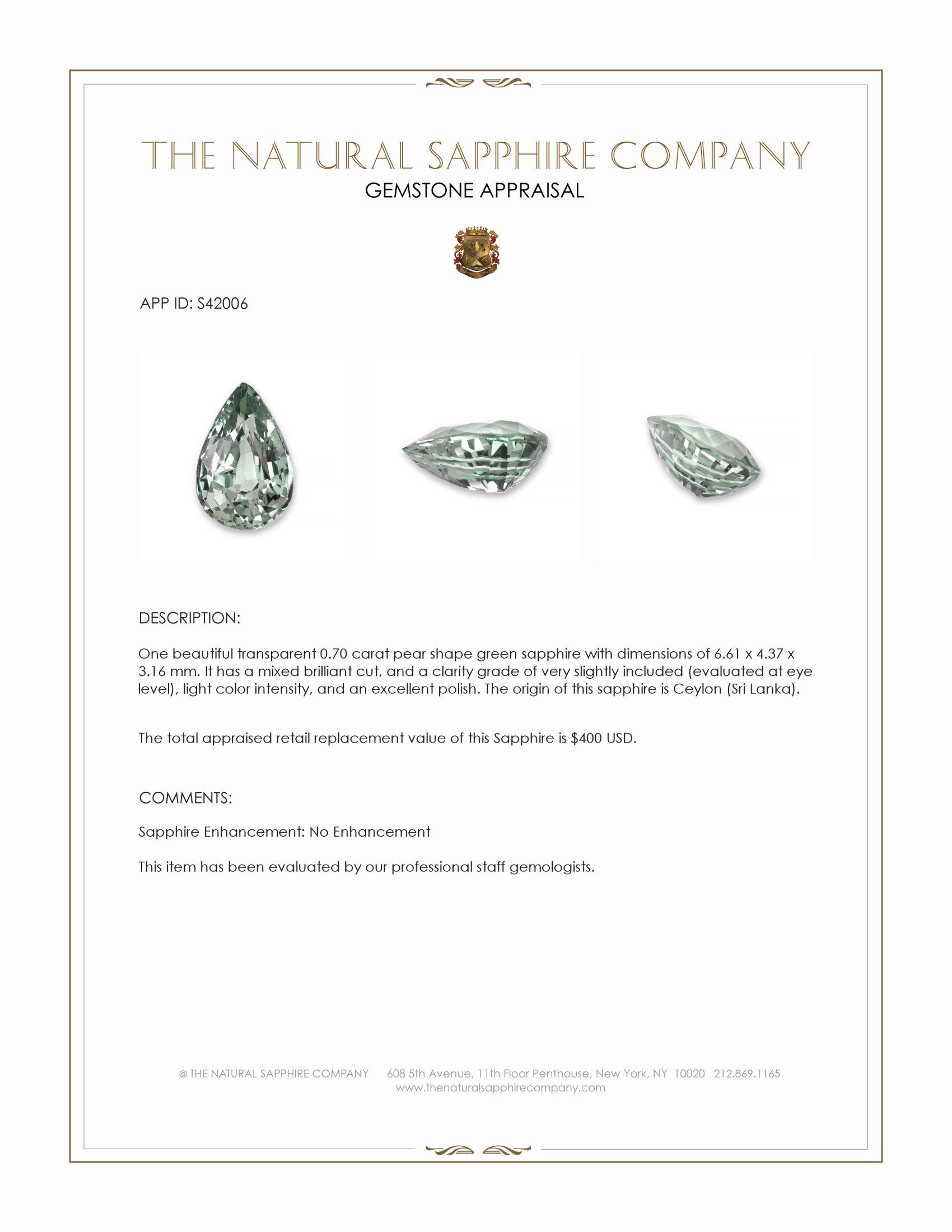 0.70 Ct. Green Sapphire from Ceylon (Sri Lanka)