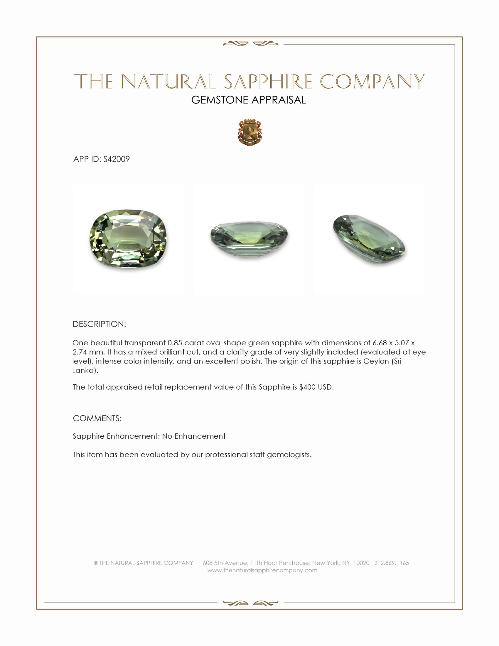 0.85 Ct. Green Sapphire from Ceylon (Sri Lanka)