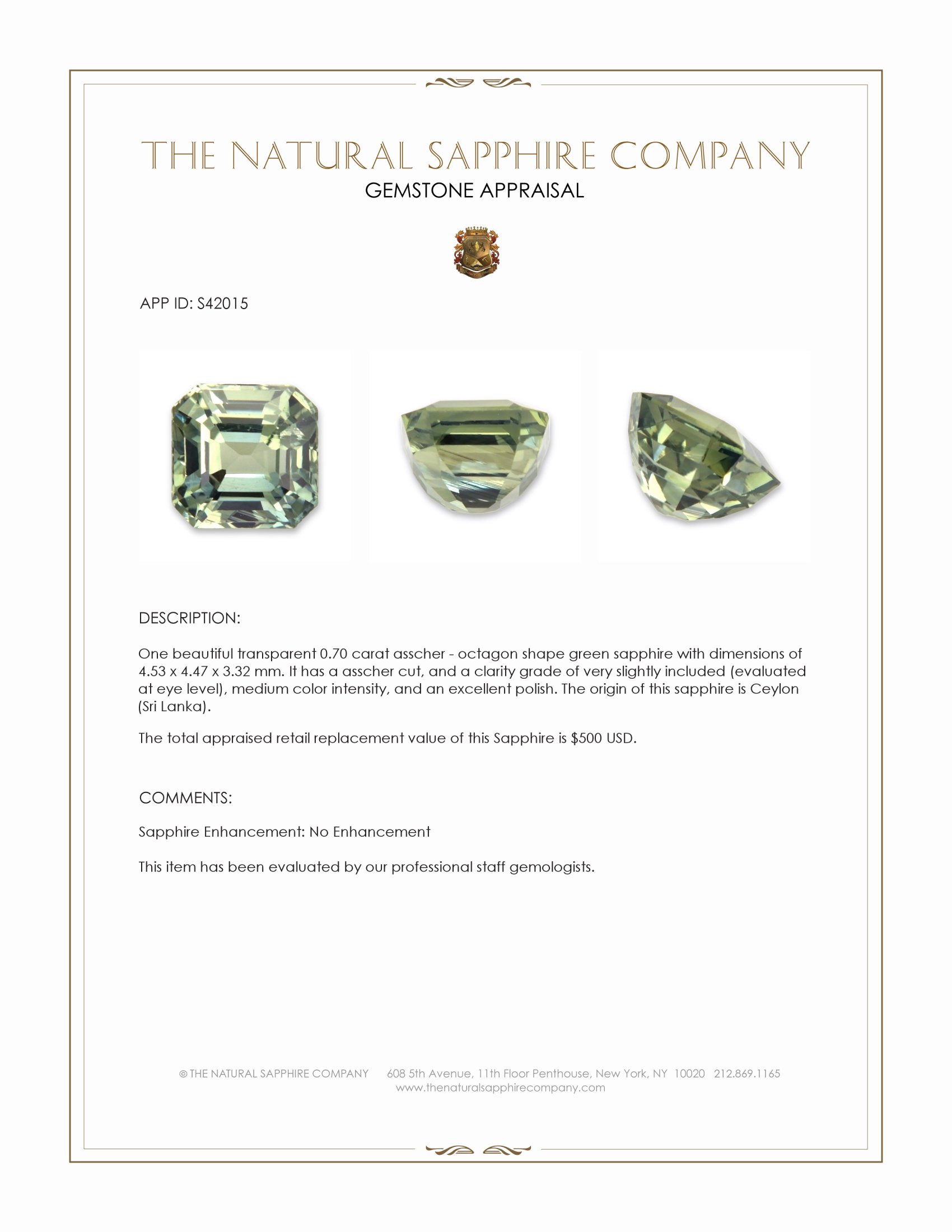 0.70 Ct. Green Sapphire from Ceylon (Sri Lanka)