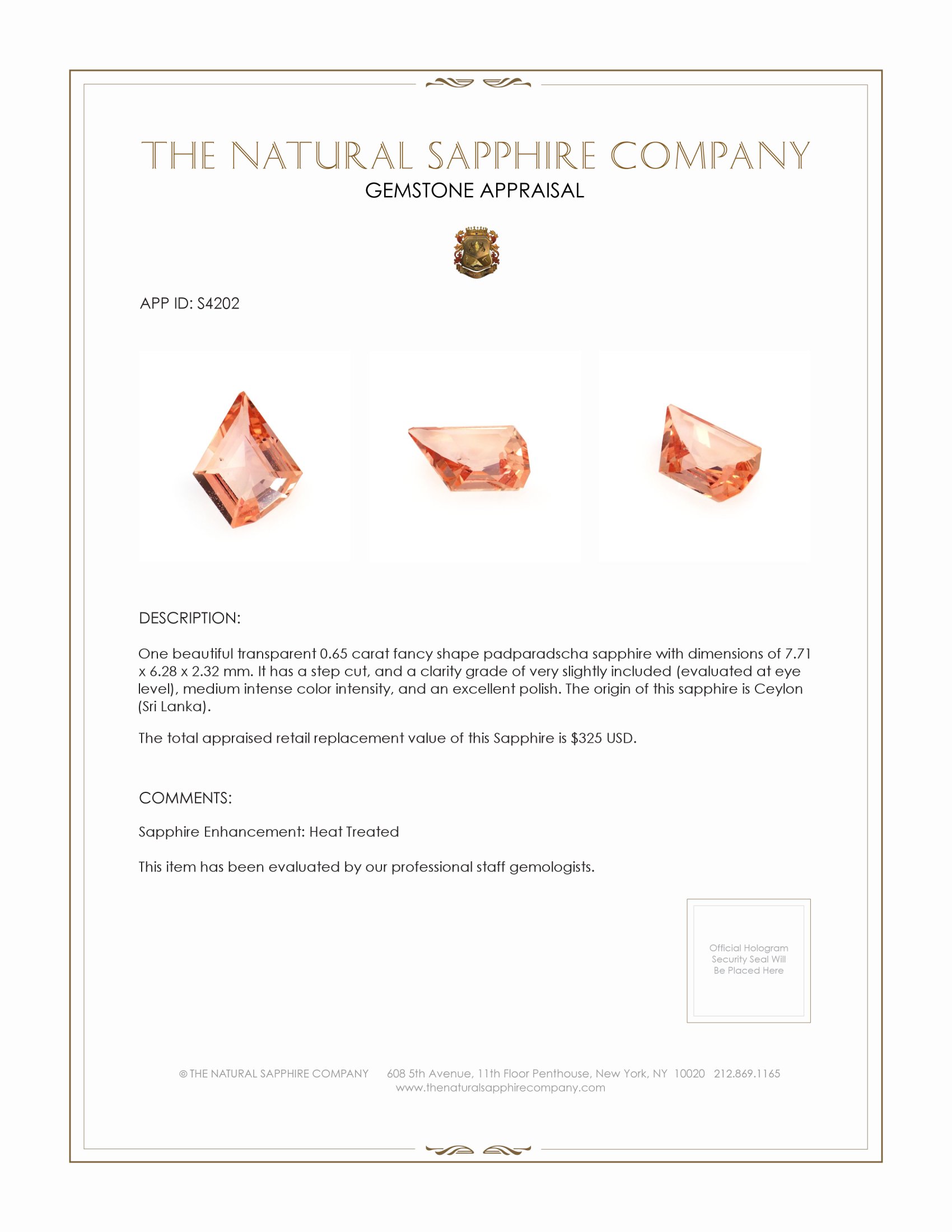 0.65 Ct. Padparadscha Sapphire from Ceylon (Sri Lanka)