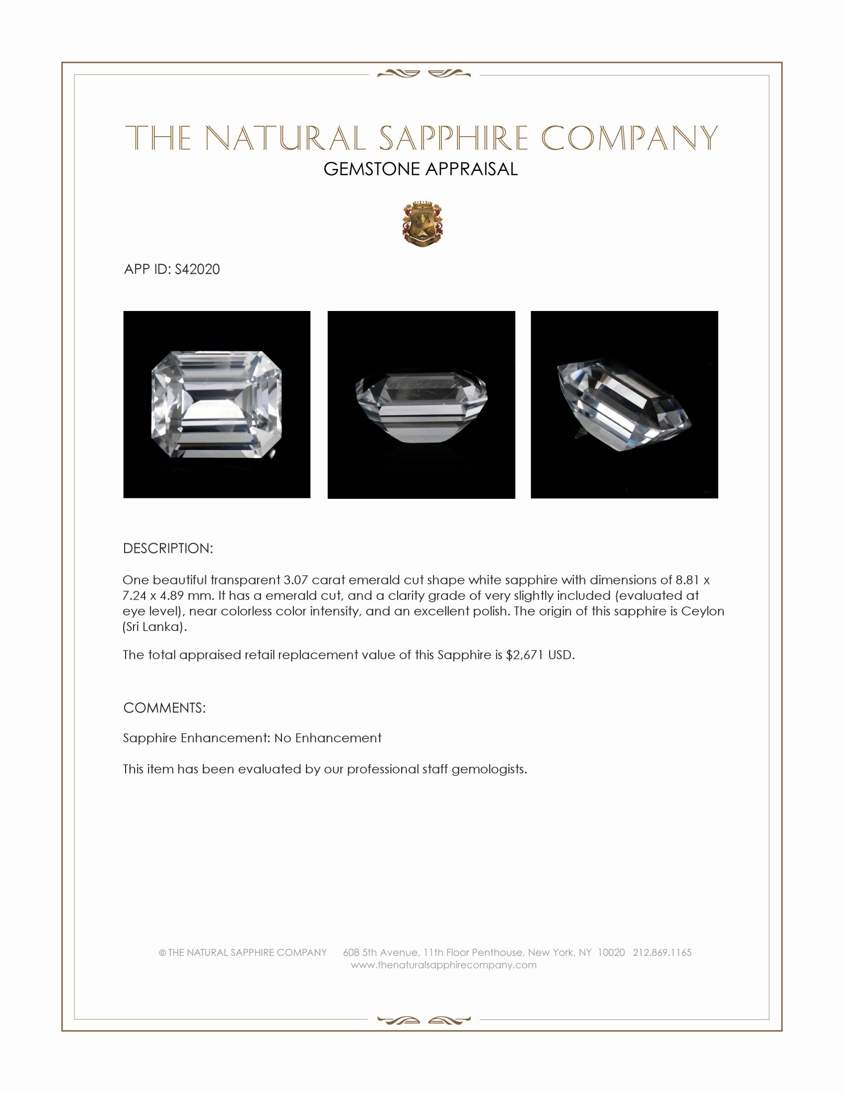 3.07 Ct. White Sapphire from Ceylon (Sri Lanka)