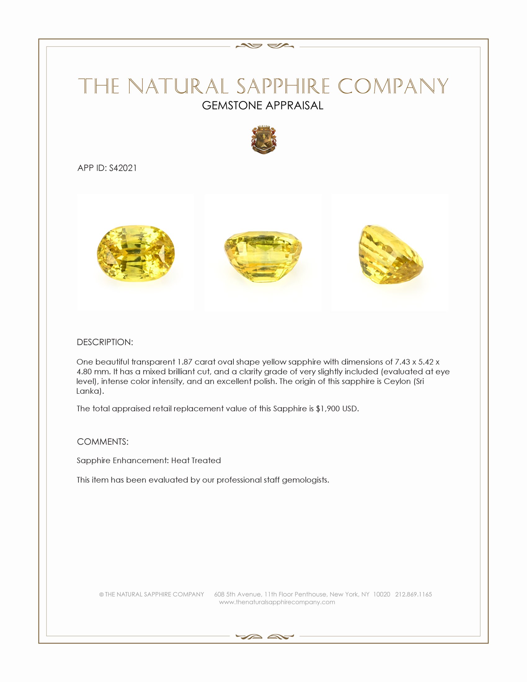 1.87 Ct. Yellow Sapphire from Ceylon (Sri Lanka)