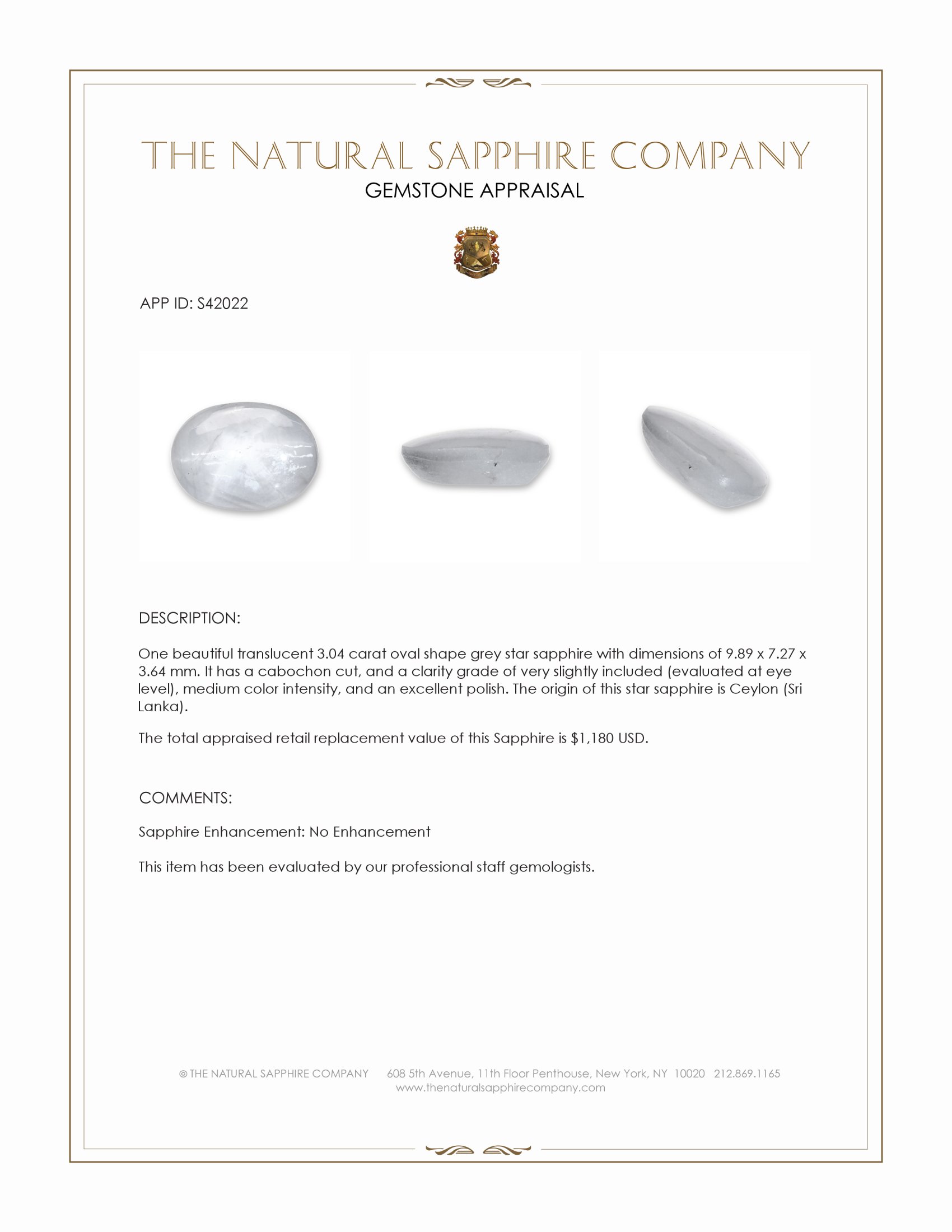 3.04 Ct. Grey Star Sapphire from Ceylon (Sri Lanka)