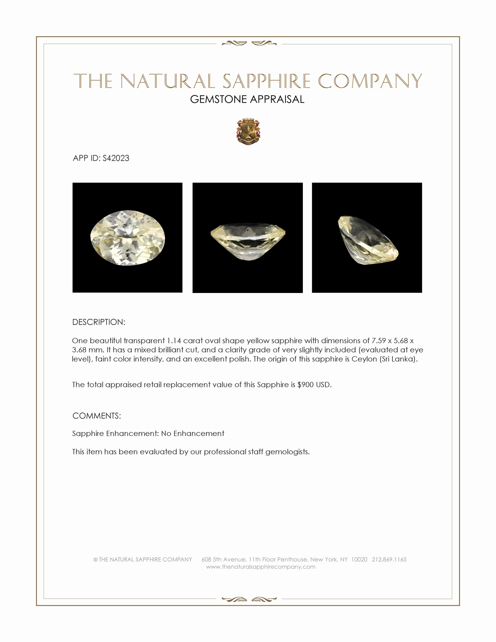 1.14 Ct. Yellow Sapphire from Ceylon (Sri Lanka)