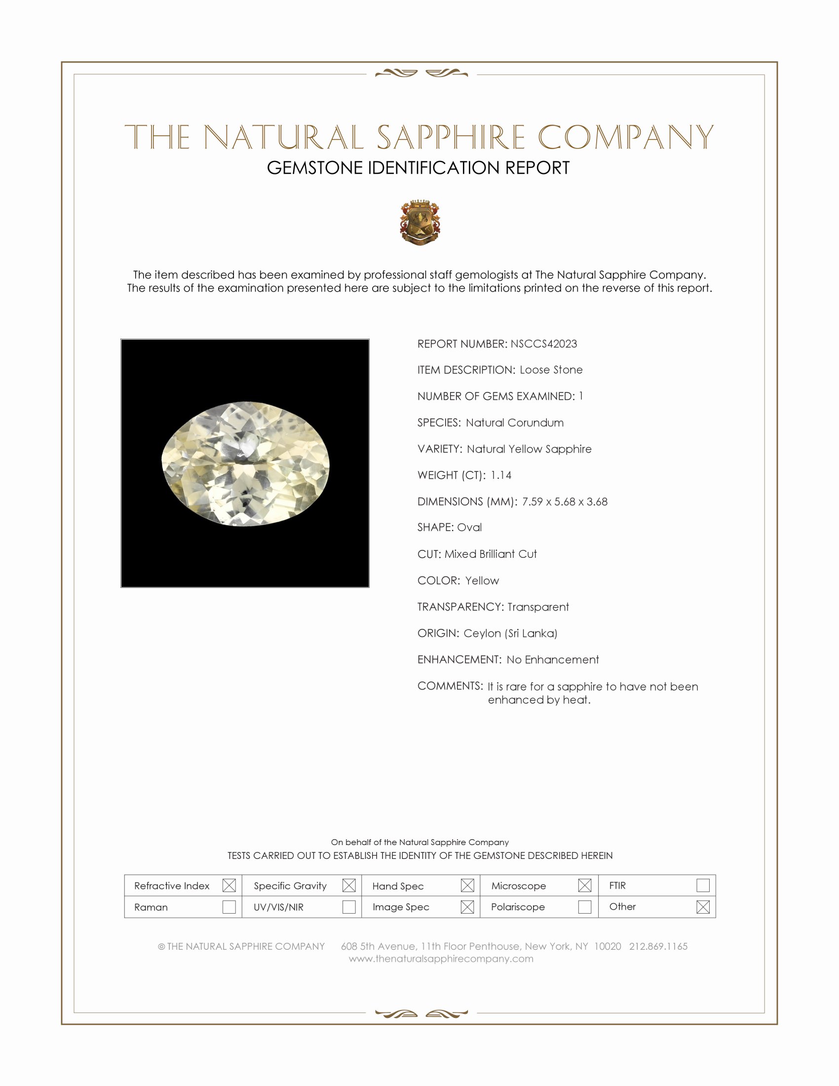 1.14 Ct. Yellow Sapphire from Ceylon (Sri Lanka)