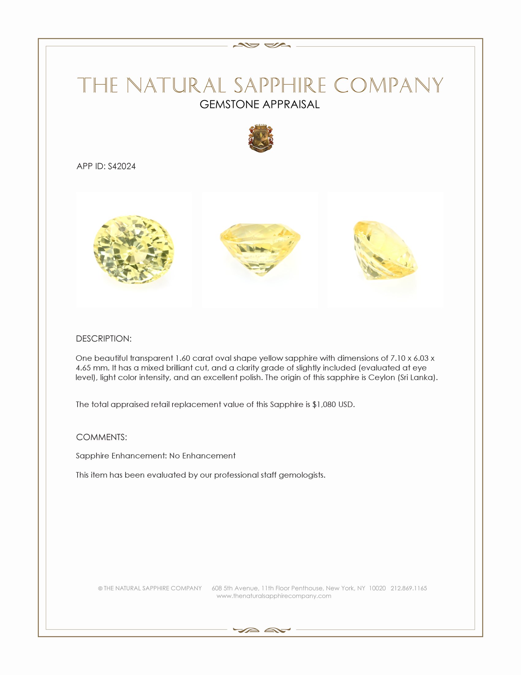 1.60 Ct. Yellow Sapphire from Ceylon (Sri Lanka)