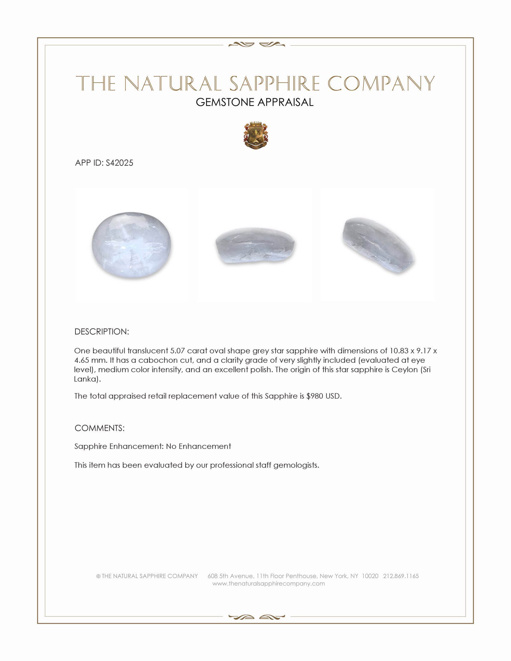 5.07 Ct. Grey Star Sapphire from Ceylon (Sri Lanka)