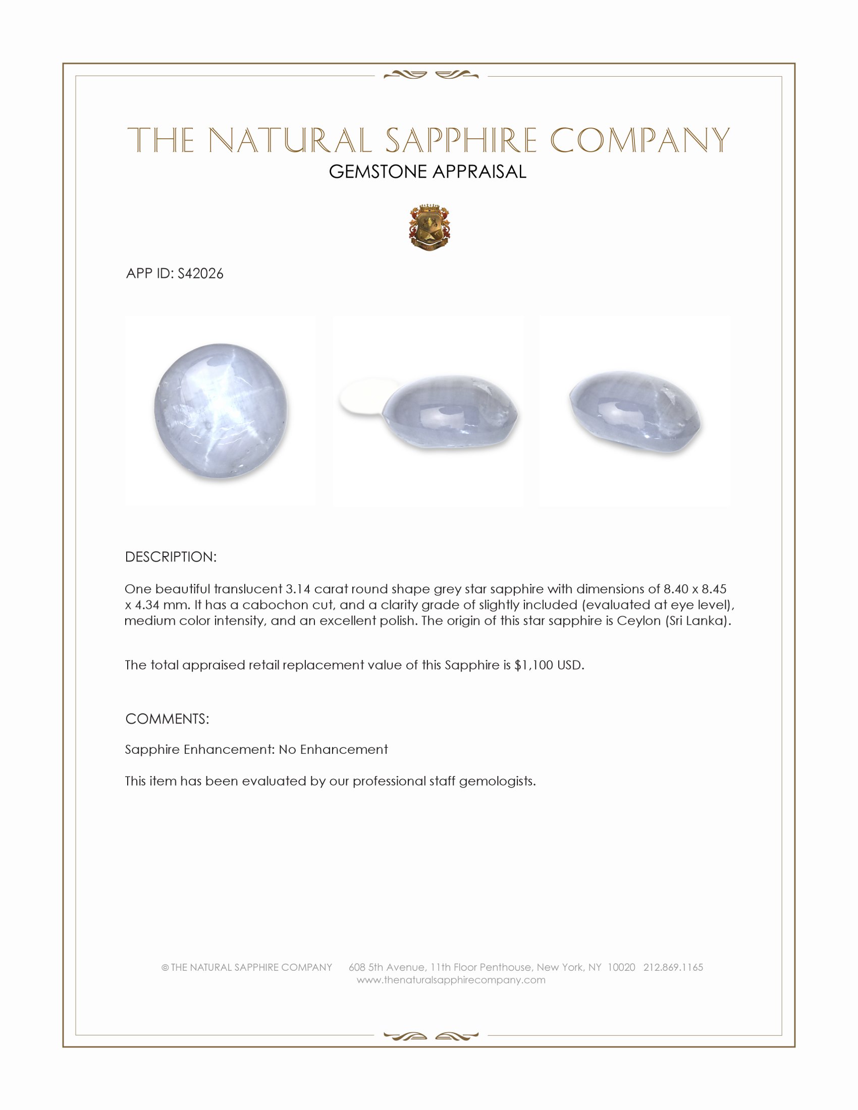 3.14 Ct. Grey Star Sapphire from Ceylon (Sri Lanka)
