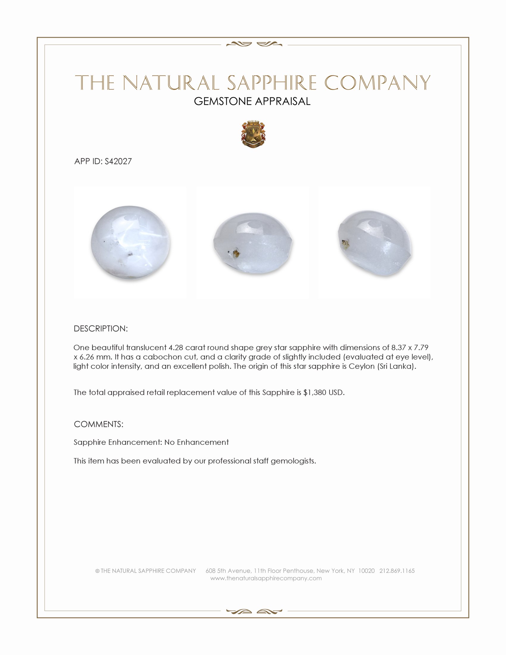 4.28 Ct. Grey Star Sapphire from Ceylon (Sri Lanka)