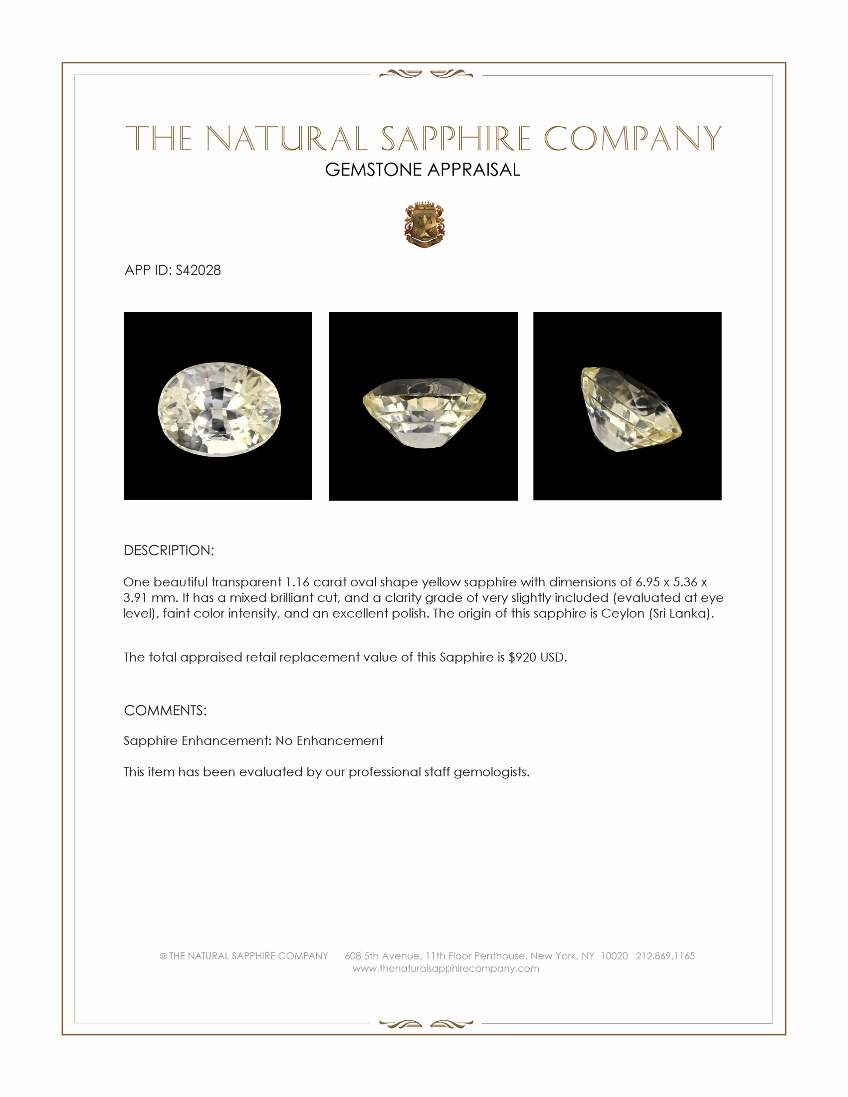 1.16 Ct. Yellow Sapphire from Ceylon (Sri Lanka)