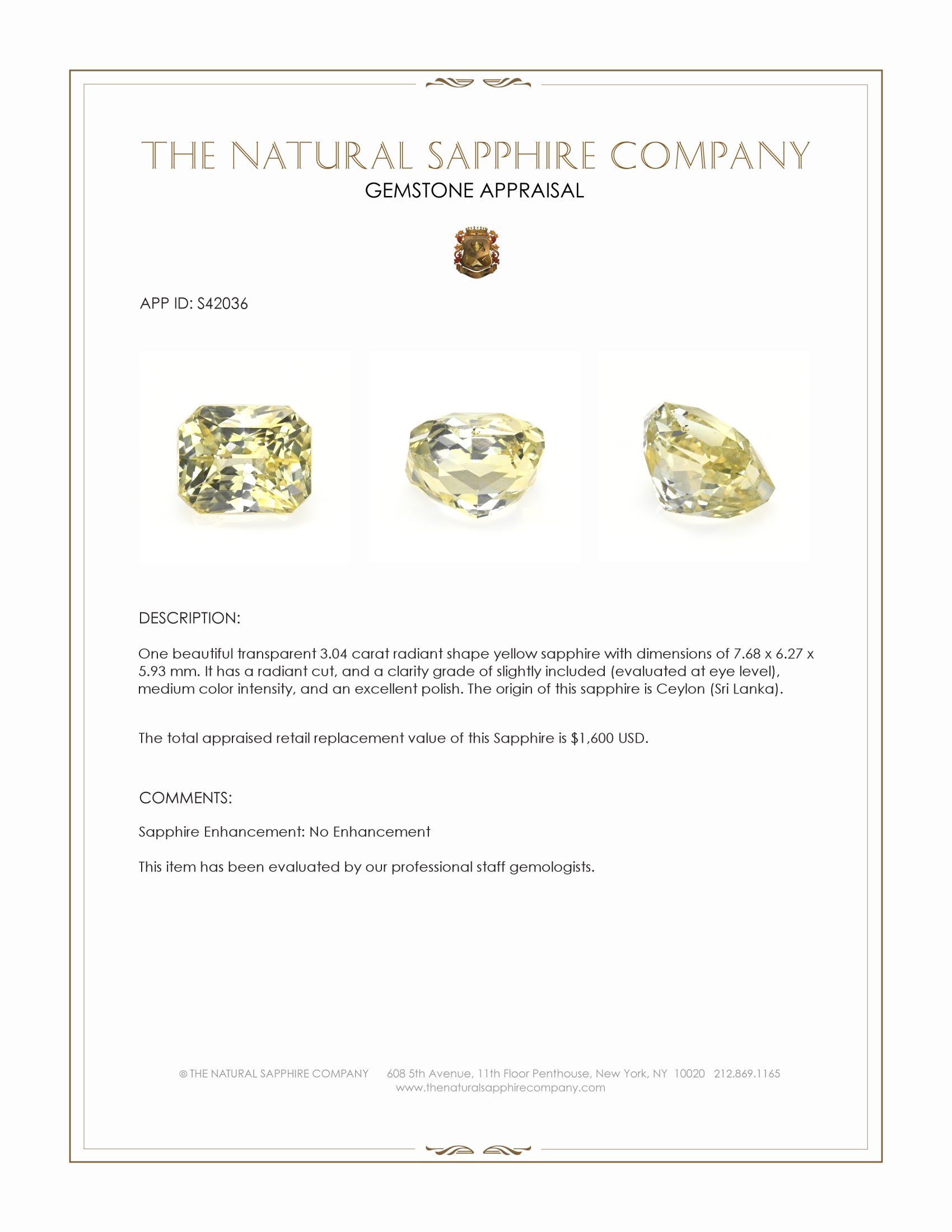 3.04 Ct. Yellow Sapphire from Ceylon (Sri Lanka)