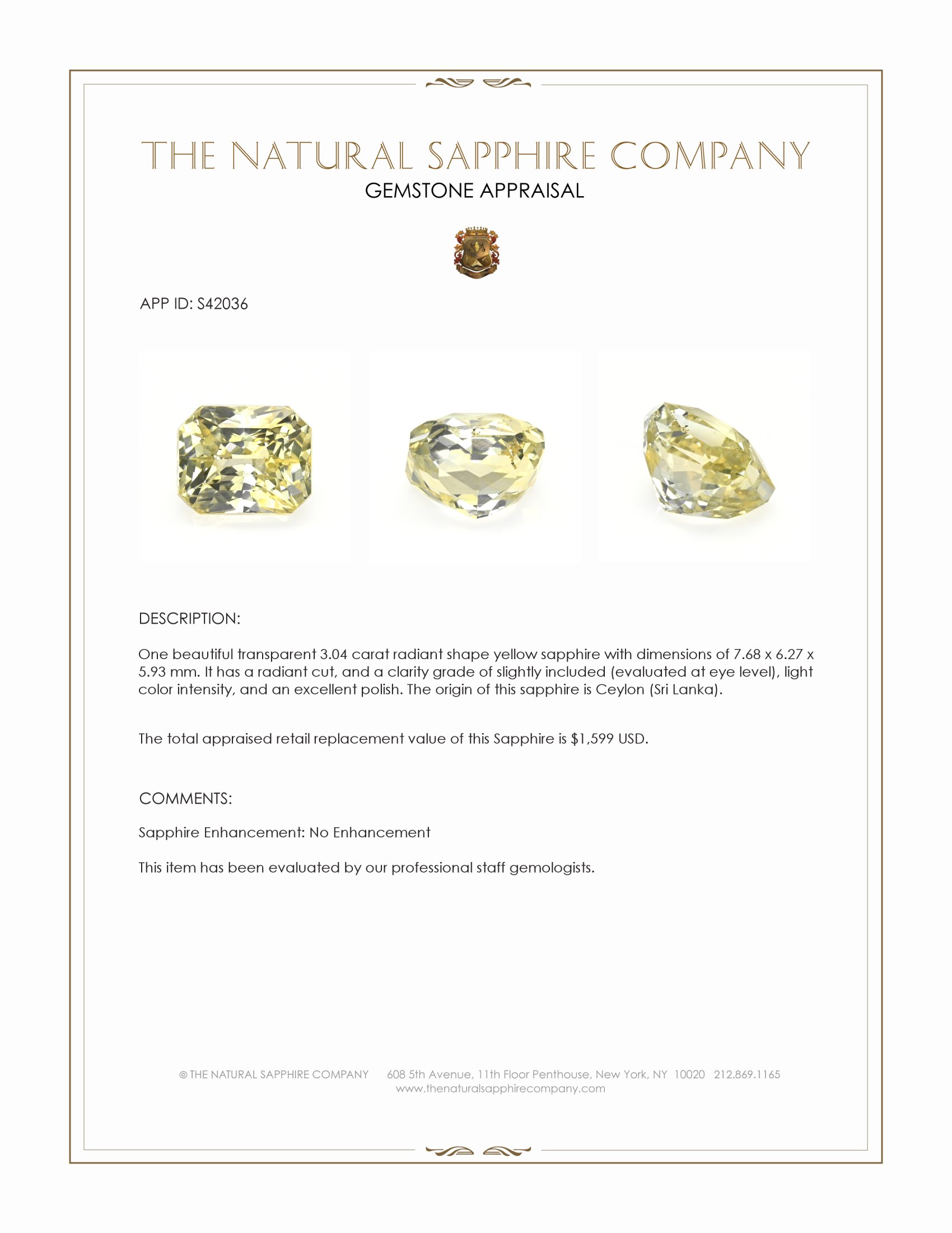 3.04 Ct. Yellow Sapphire from Ceylon (Sri Lanka)