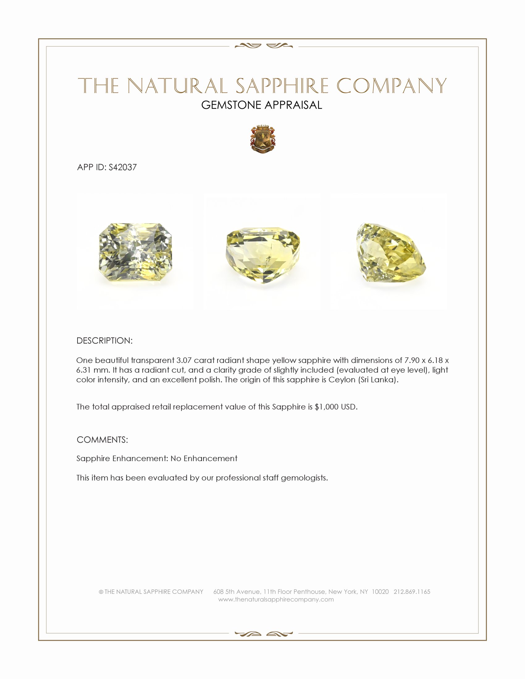3.07 Ct. Yellow Sapphire from Ceylon (Sri Lanka)