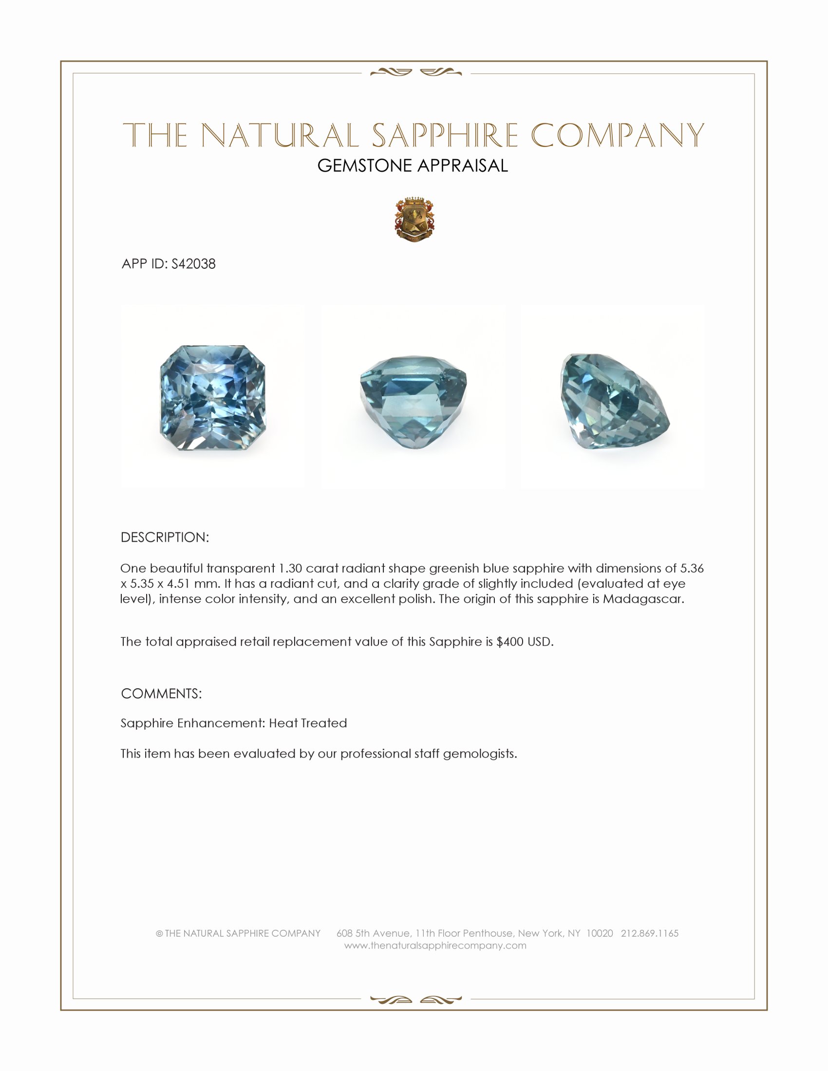 1.30 Ct. Greenish Blue Sapphire from Madagascar