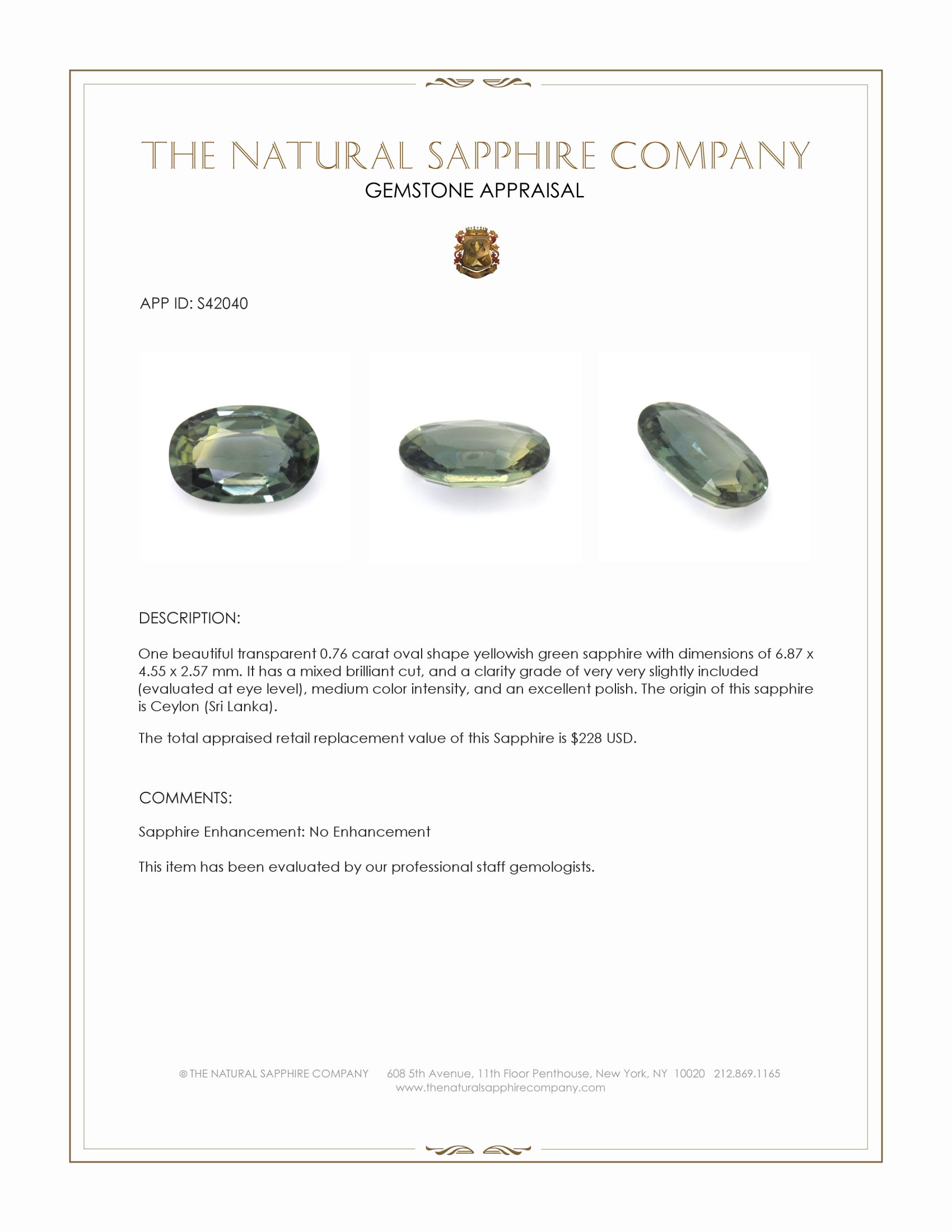 0.76 Ct. Yellowish Green Sapphire from Ceylon (Sri Lanka)