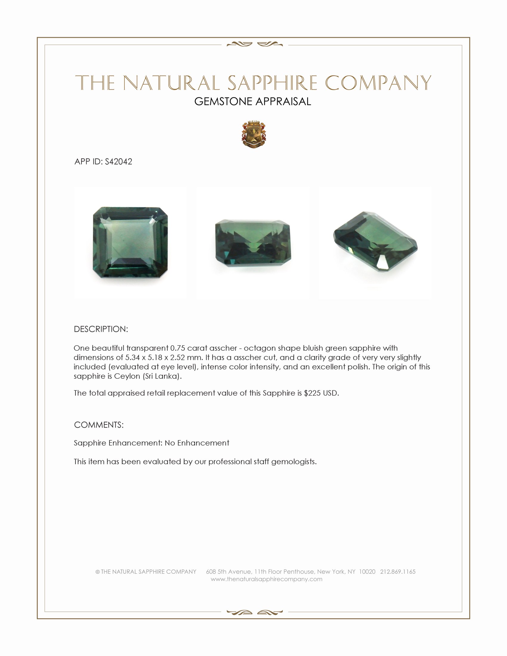 0.75 Ct. Bluish Green Sapphire from Ceylon (Sri Lanka)