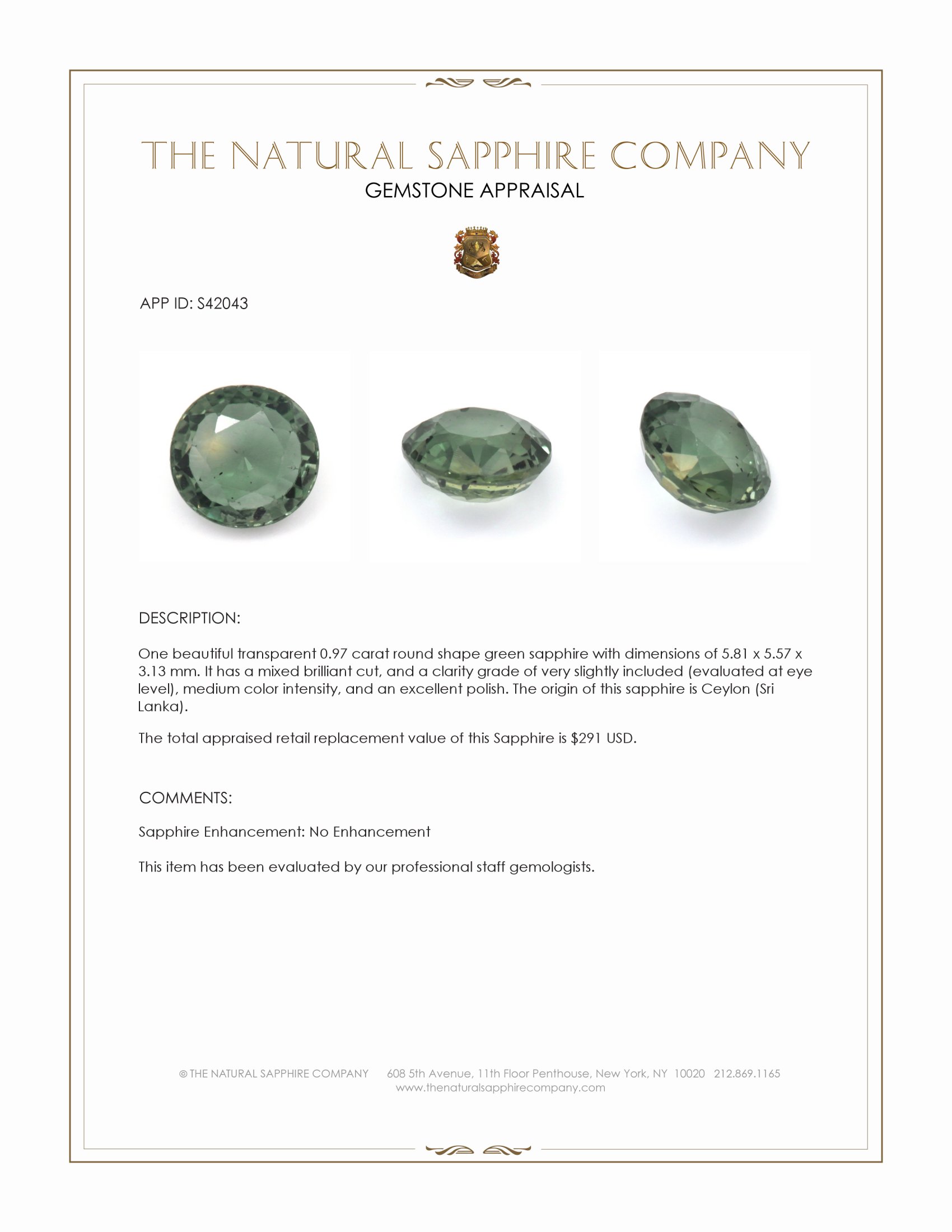 0.97 Ct. Green Sapphire from Ceylon (Sri Lanka)